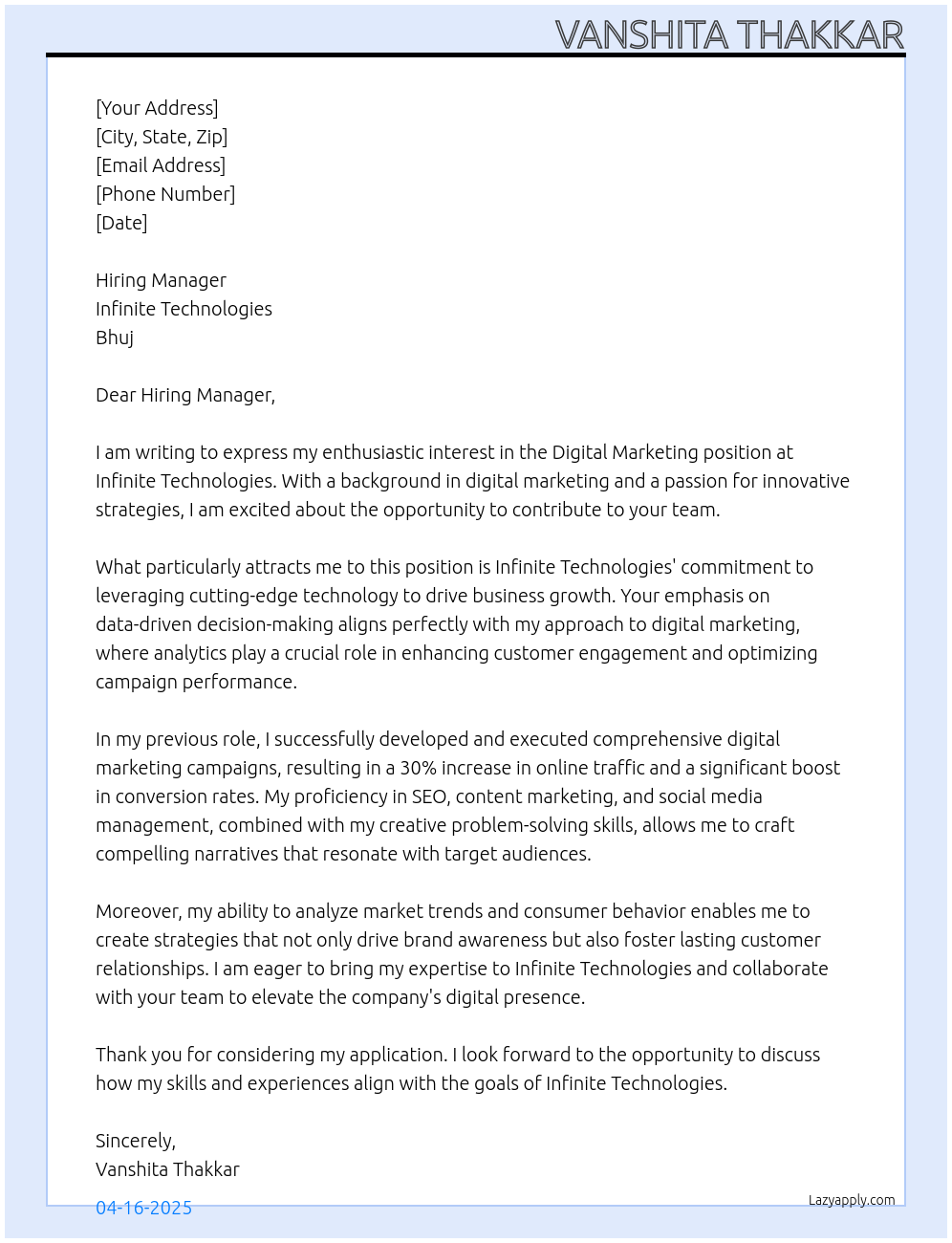 Digital marketing At Infinite Technologies, bhuj Cover Letter