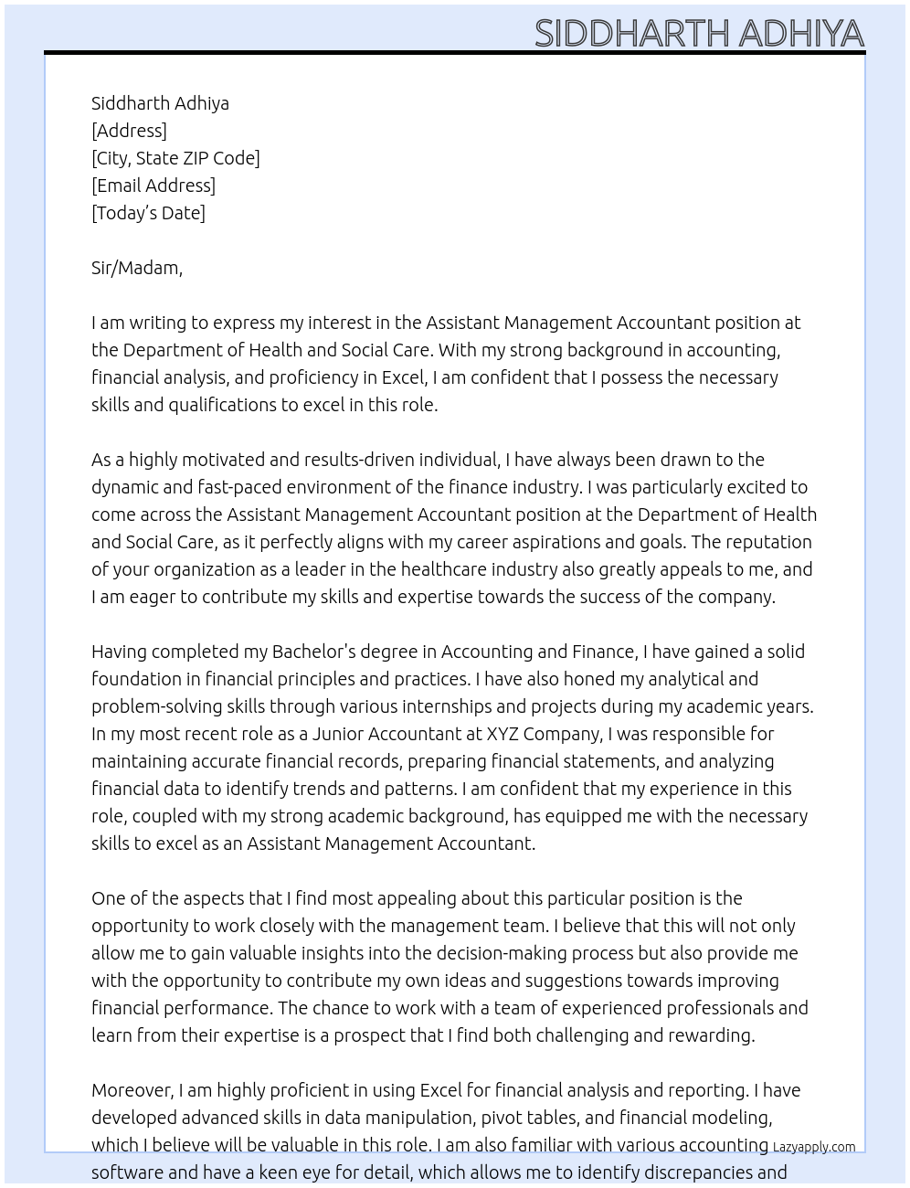 Assistant Management Accountant At Department of Health and Social Care Cover Letter