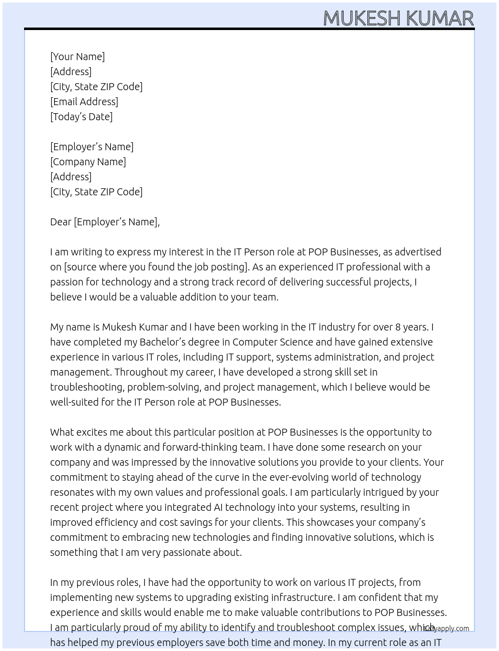 IT At POP Businesses Cover Letter