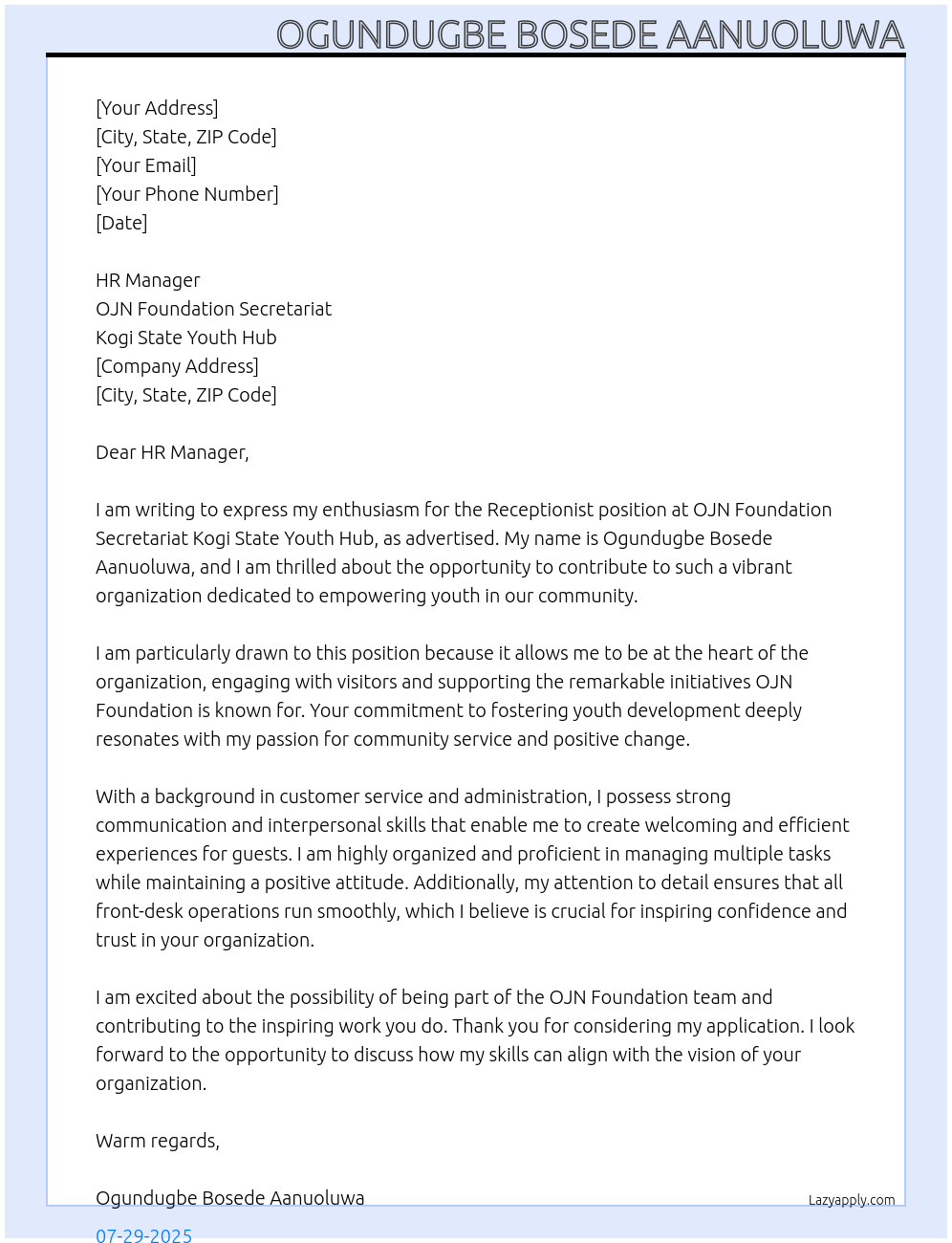Receptionist At OJN FOUNDATION SECRETARIAT KOGI STATE YOUTH HUB Cover Letter