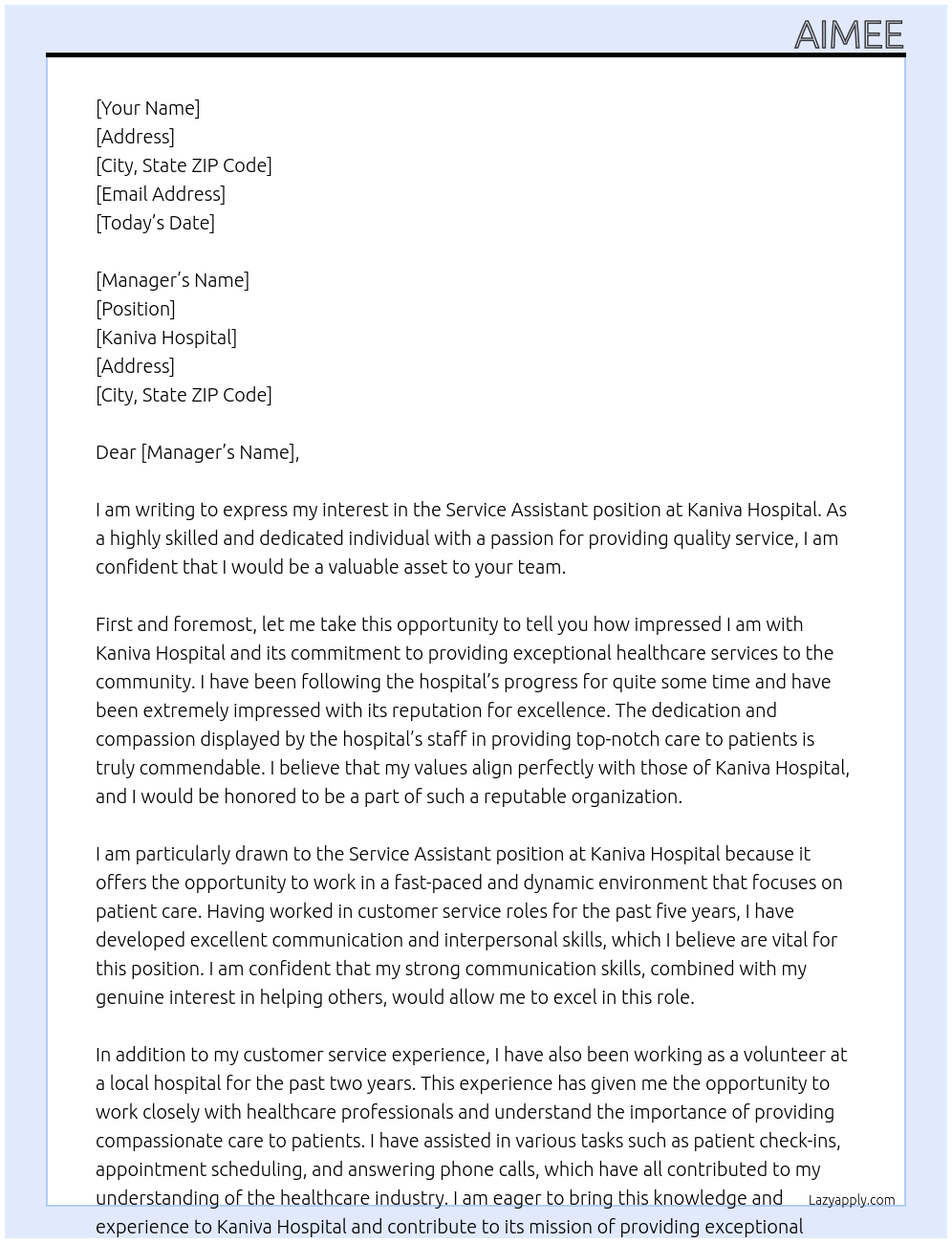 service assistant At Kaniva Hospital Cover Letter