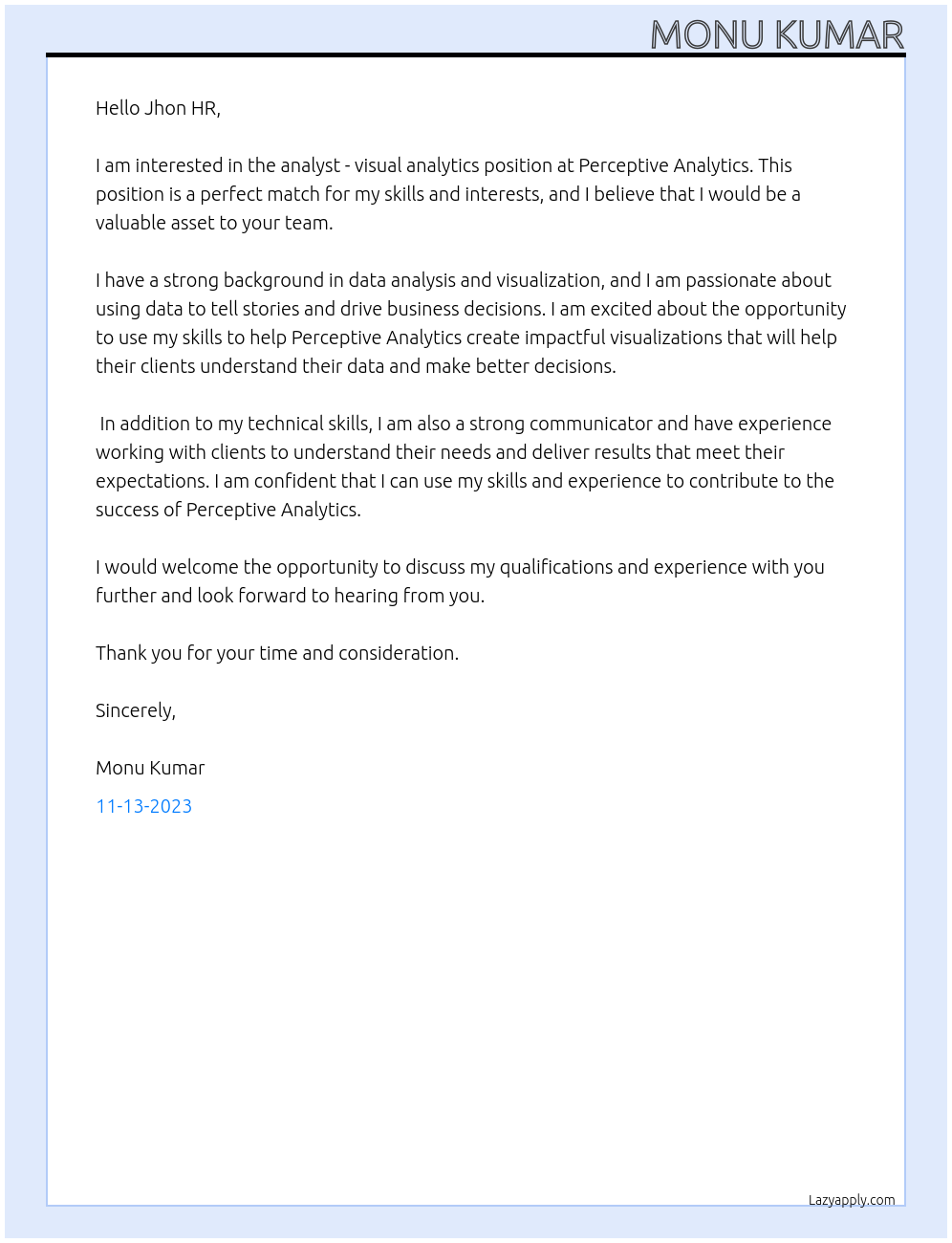 Analyst - Visual Analytics At Perceptive Analytics Cover Letter
