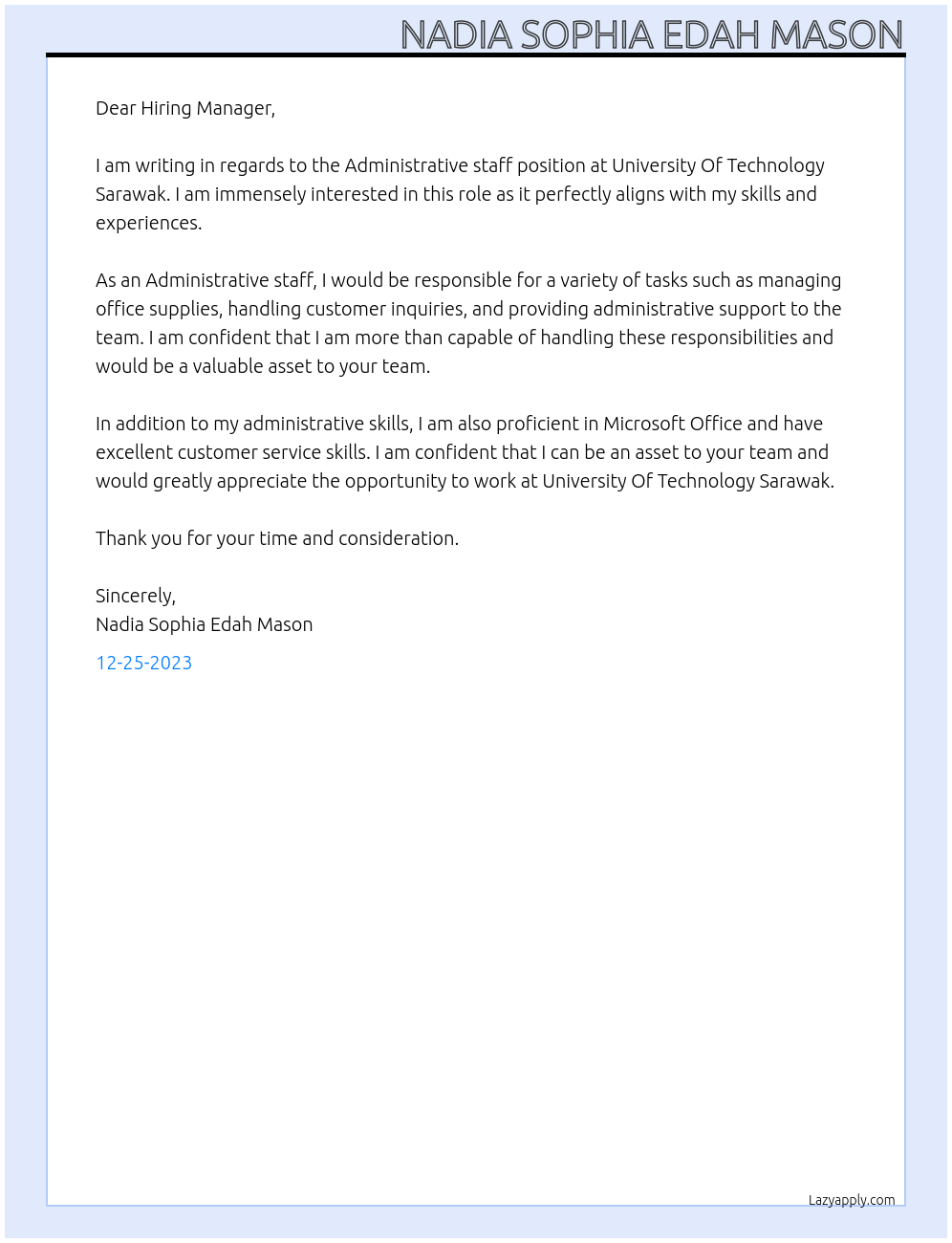 Administrative staff At University Of Technology Sarawak Cover Letter