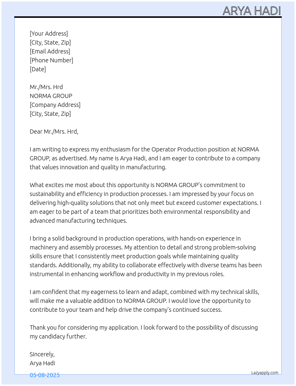 Operator production At NORMA GROUP  Cover Letter