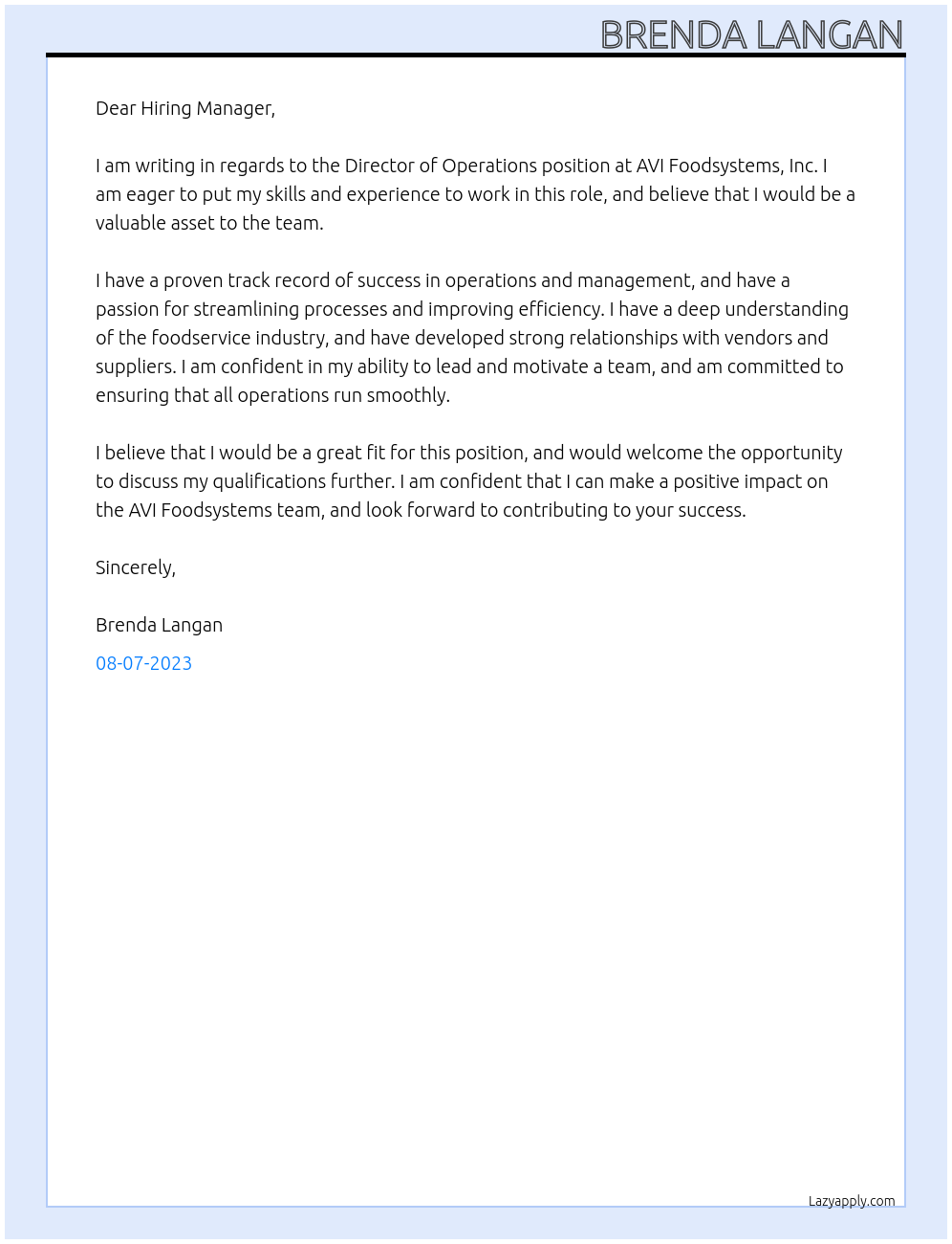 Director of Operations At AVI Foodsystems, Inc Cover Letter
