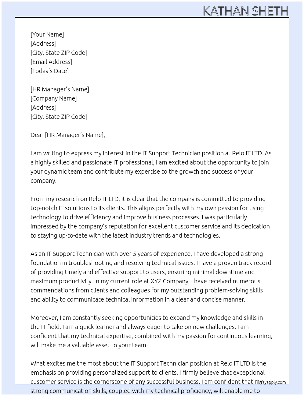 IT Support Technician At Relo IT LTD Cover Letter