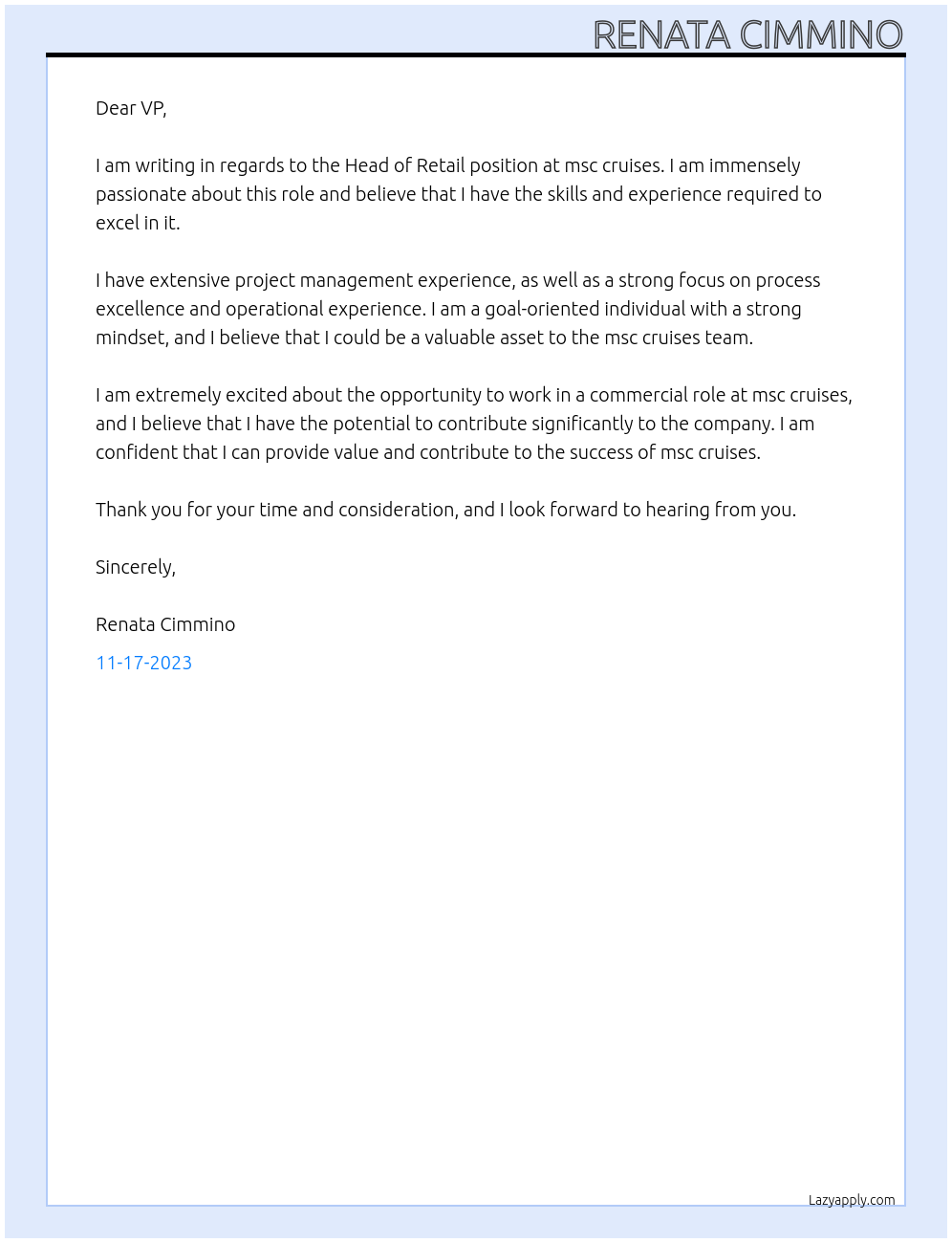 Head of Retail At msc cruises Cover Letter