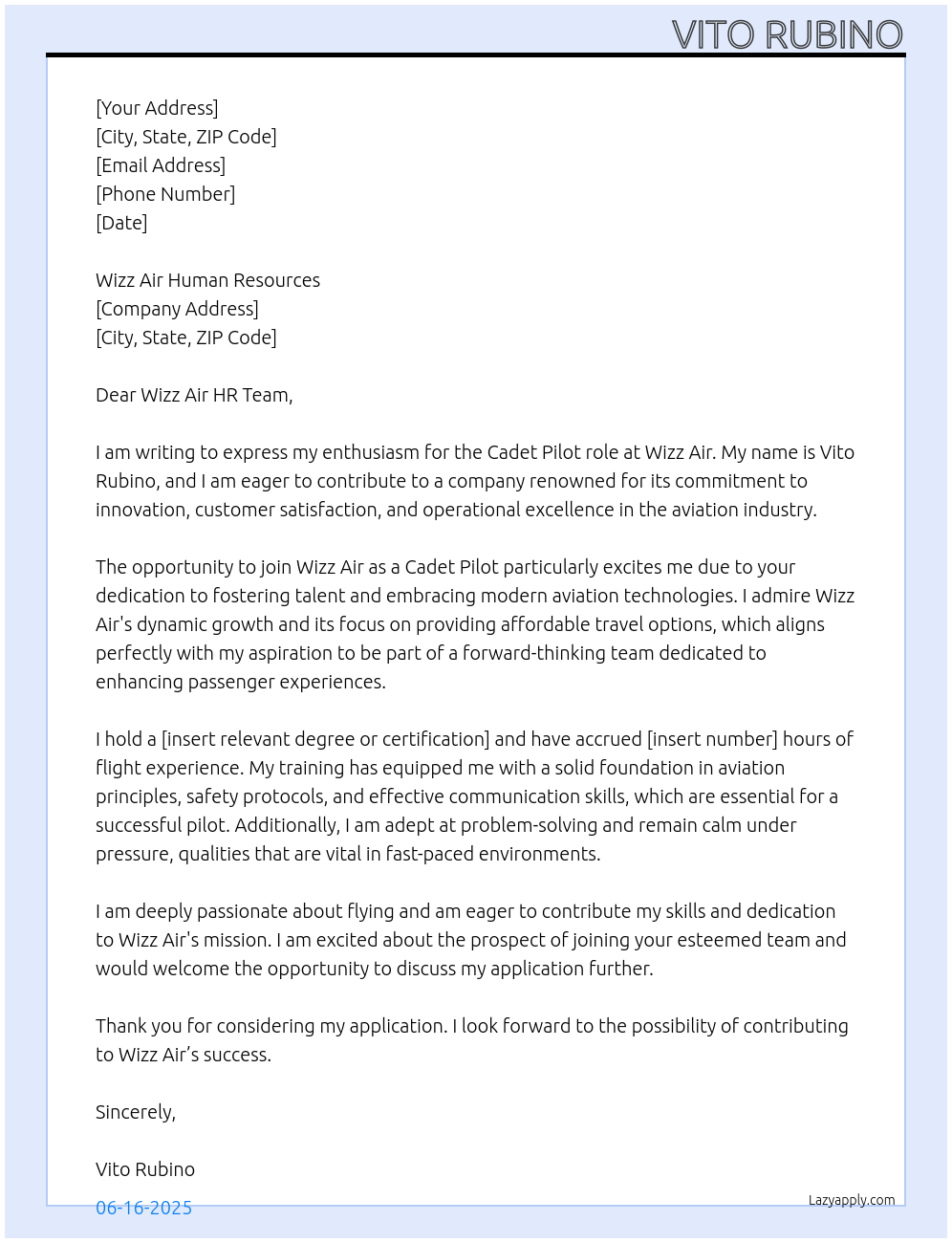 Pilot At Wizz Air Cover Letter