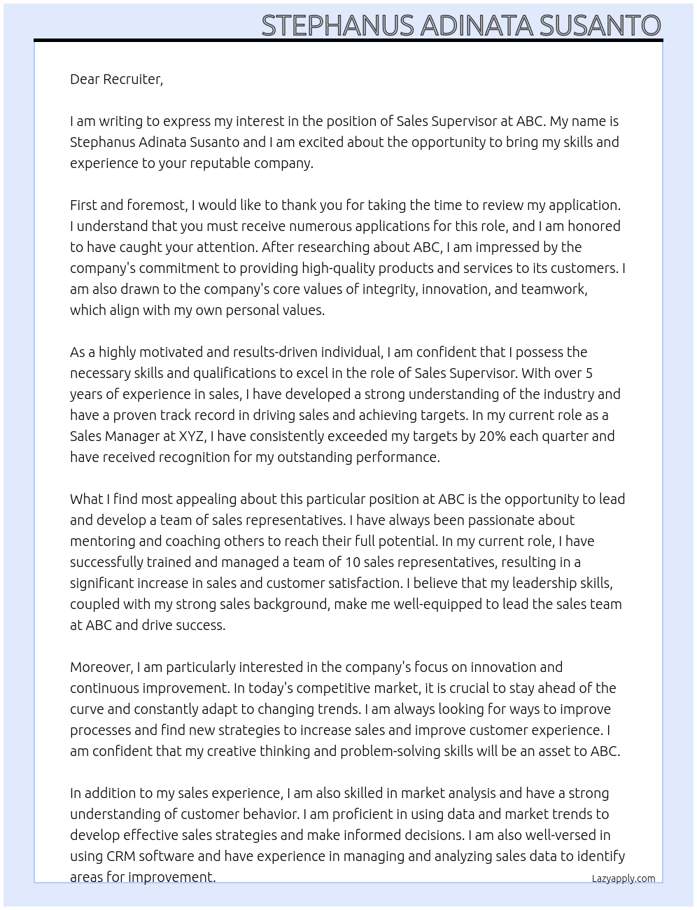 Sales Supervisor At abc Cover Letter