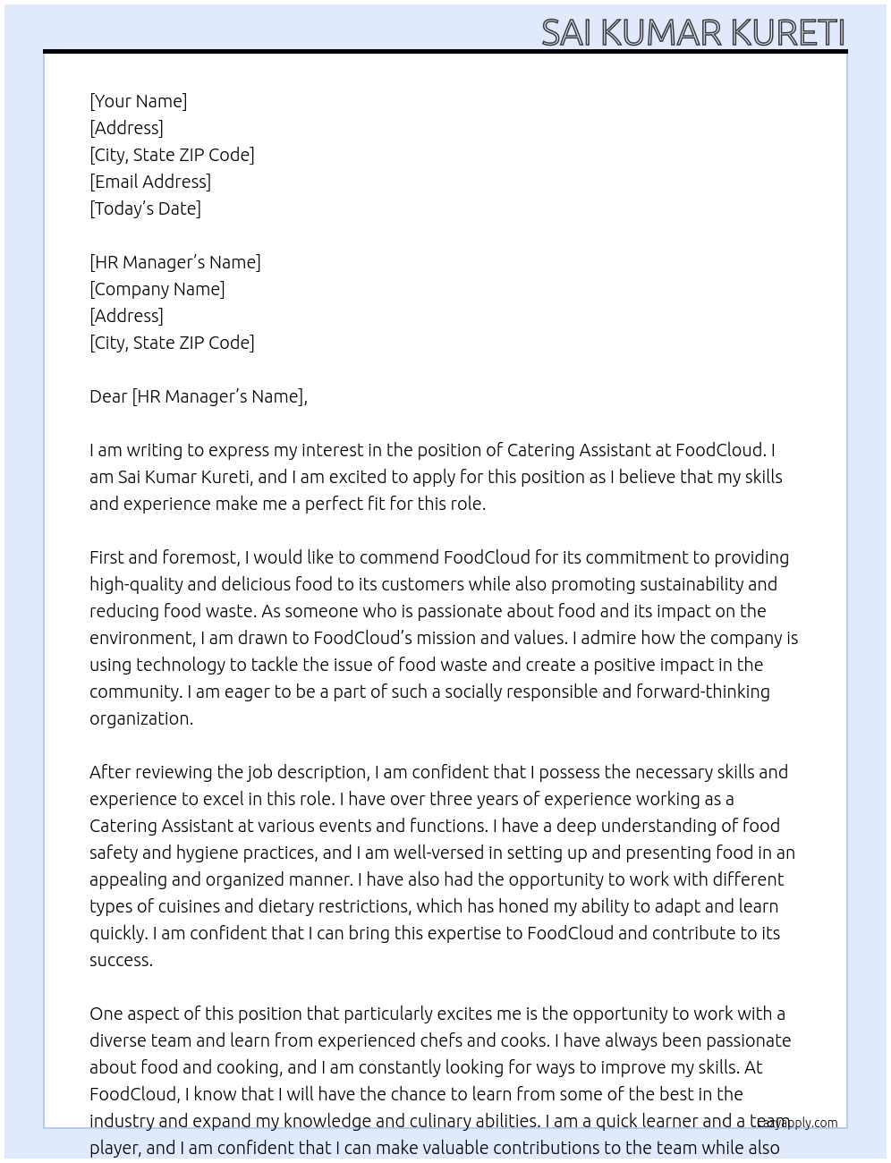Catering Assistant At FoodCloud Cover Letter