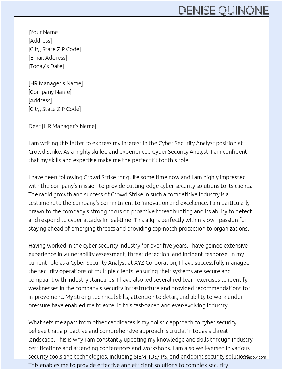 Cyber security Analyst At Crowd Strike Cover Letter