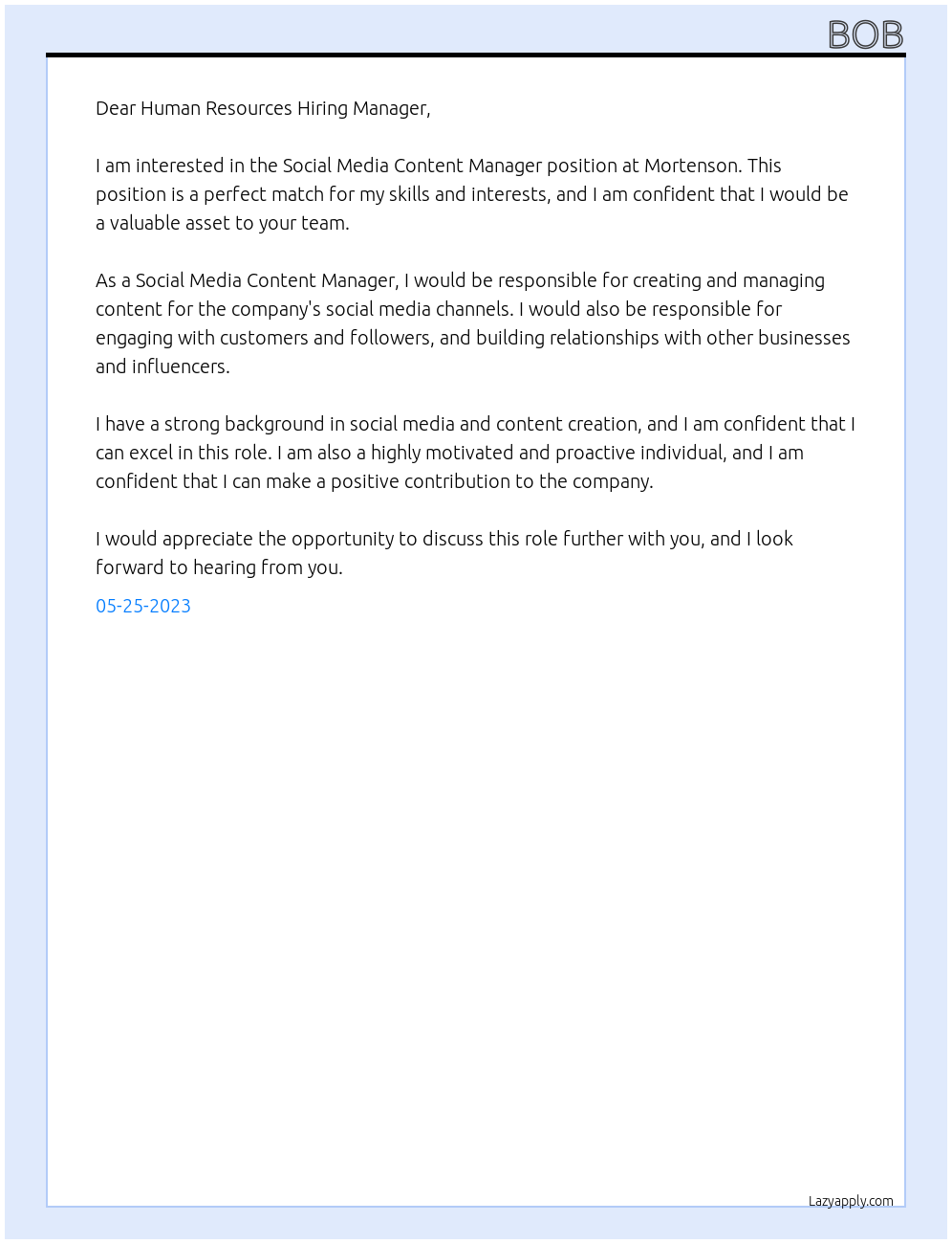 Social Media Content Manager  At Mortenson Cover Letter