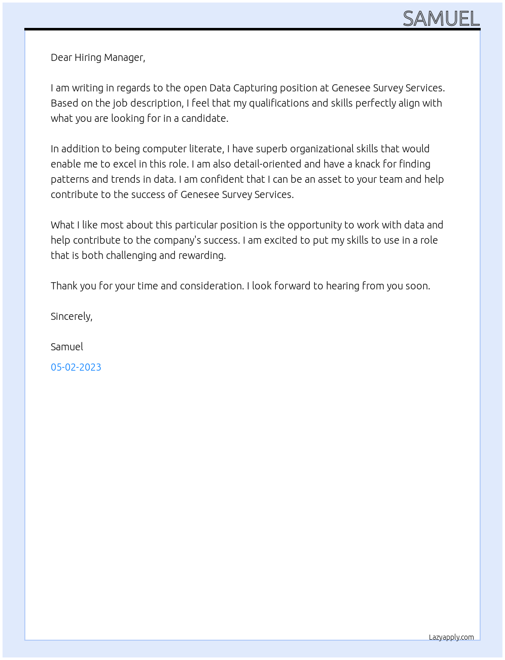 data capturing At Genesee Survey Services Cover Letter