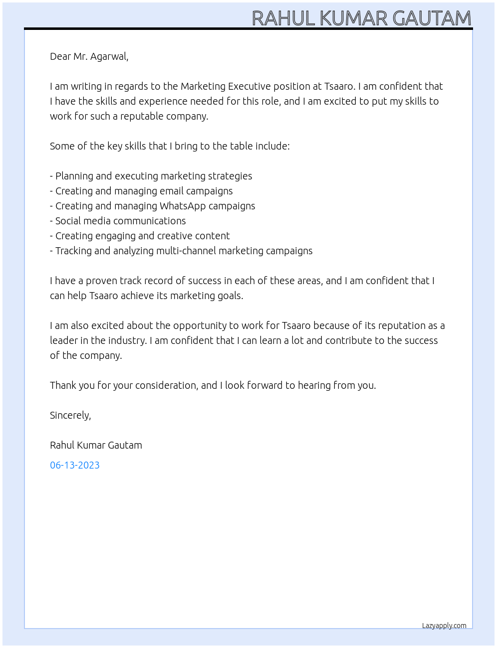 Marketing Executive  At Tsaaro Cover Letter