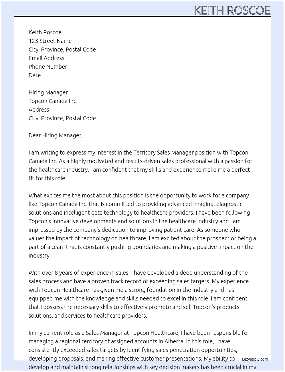 Territory Sales Manager At Topcon Canada Inc. Cover Letter