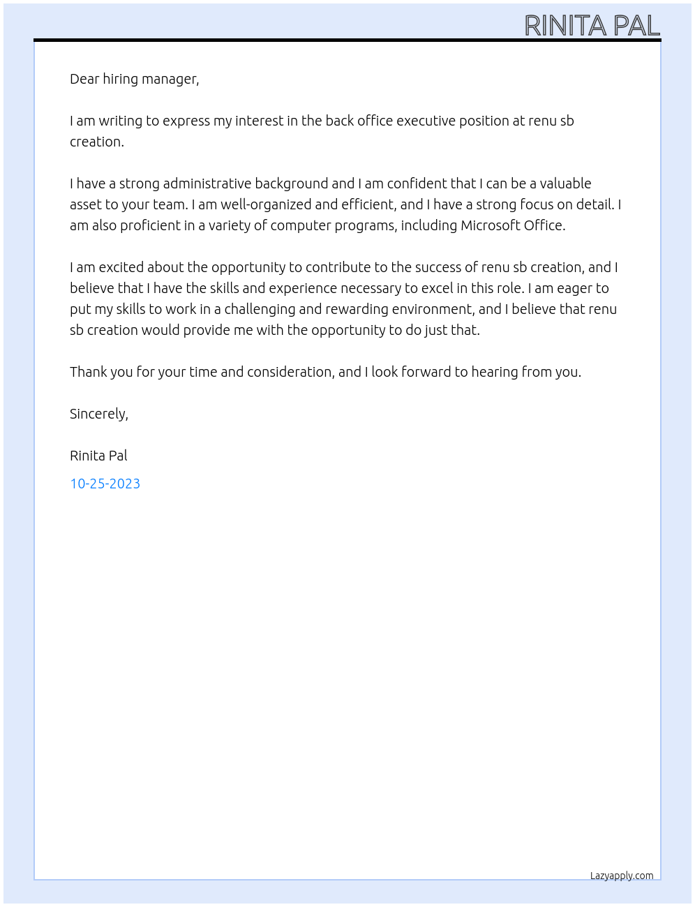 back office executive At renu sb creation Cover Letter
