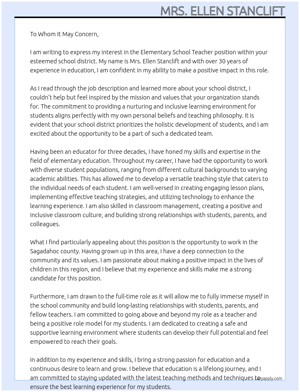 Elementary School Teacher At school district Cover Letter