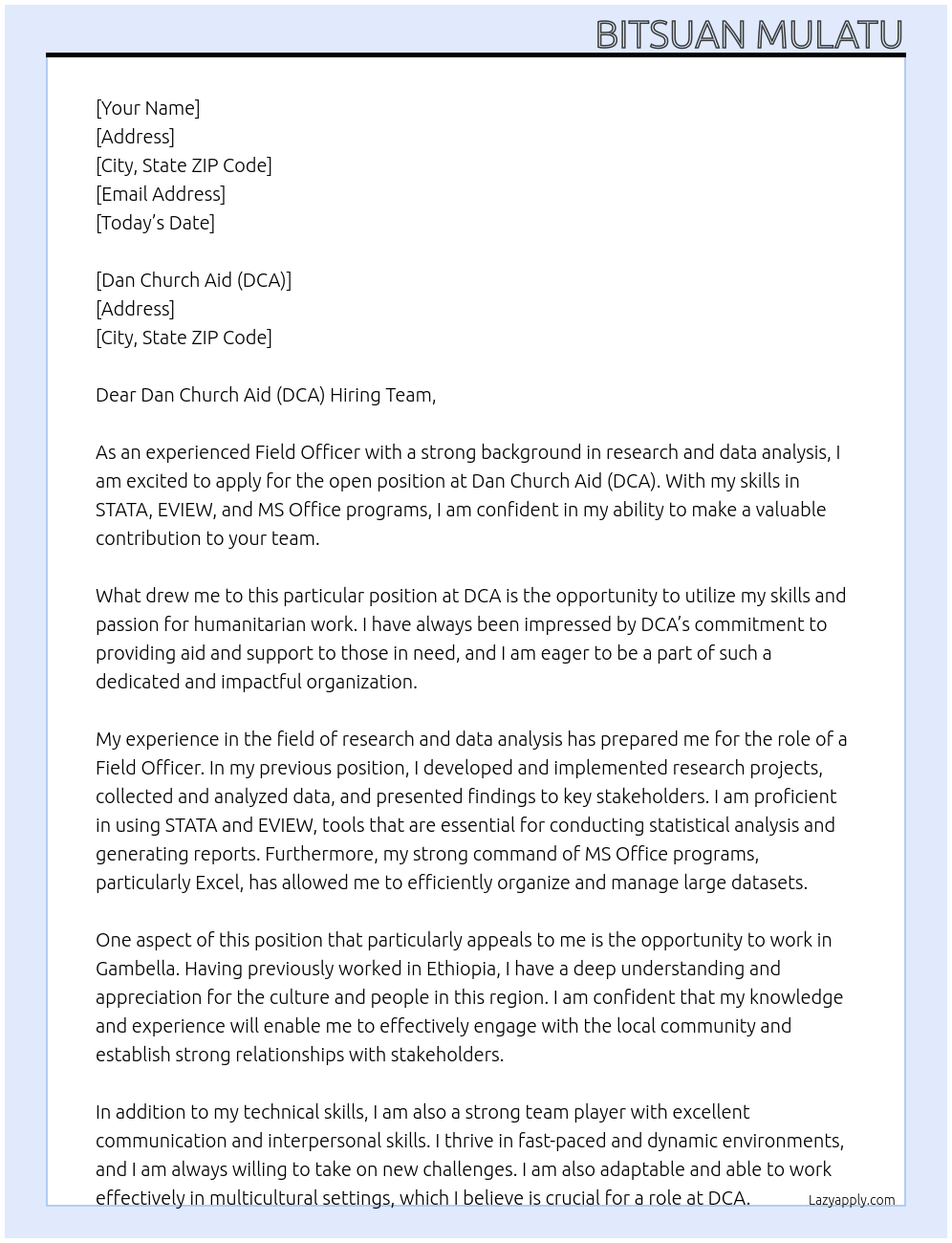 Field Officer At Dan Church Aid (DCA) Cover Letter