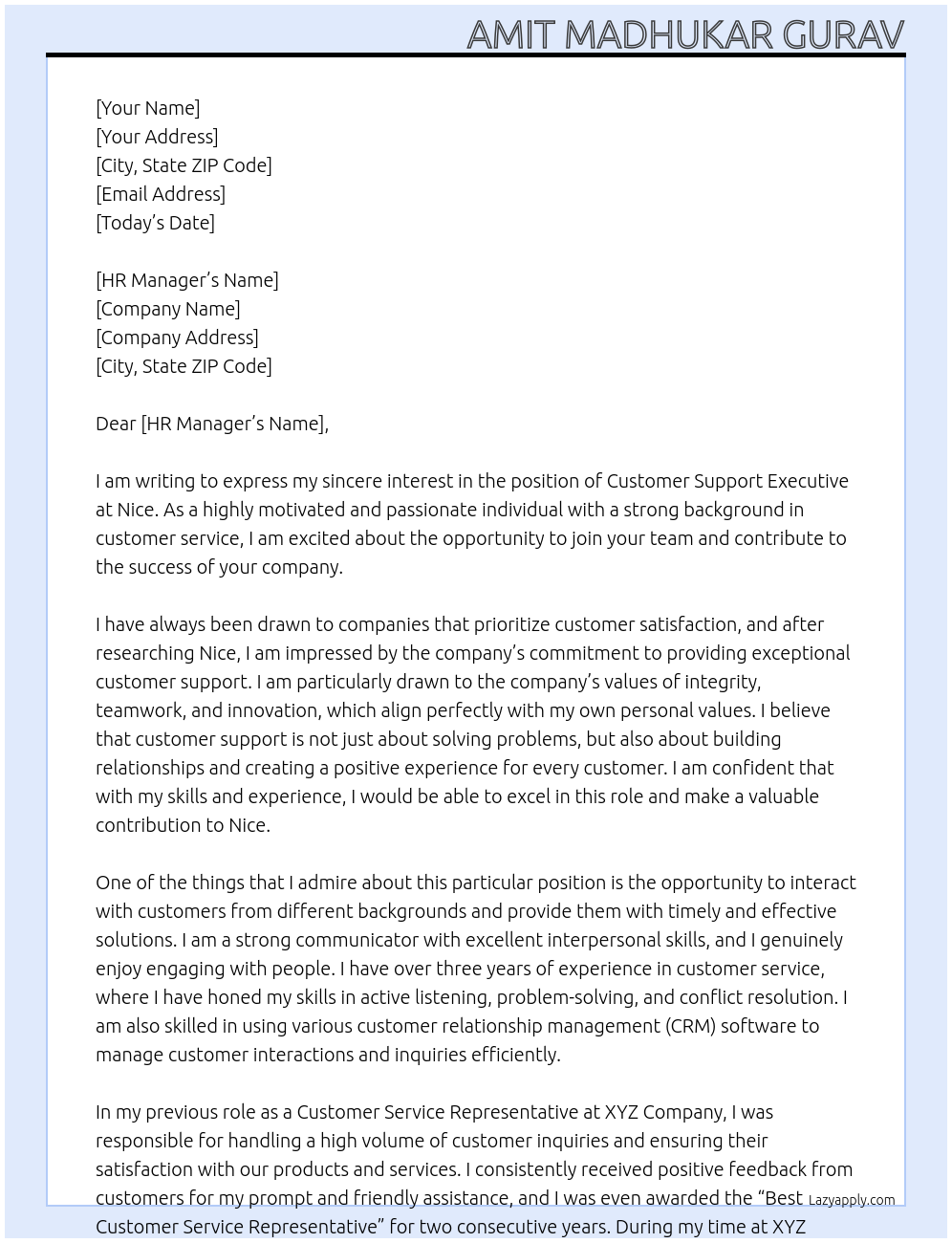 Customer support executive At Nice Cover Letter