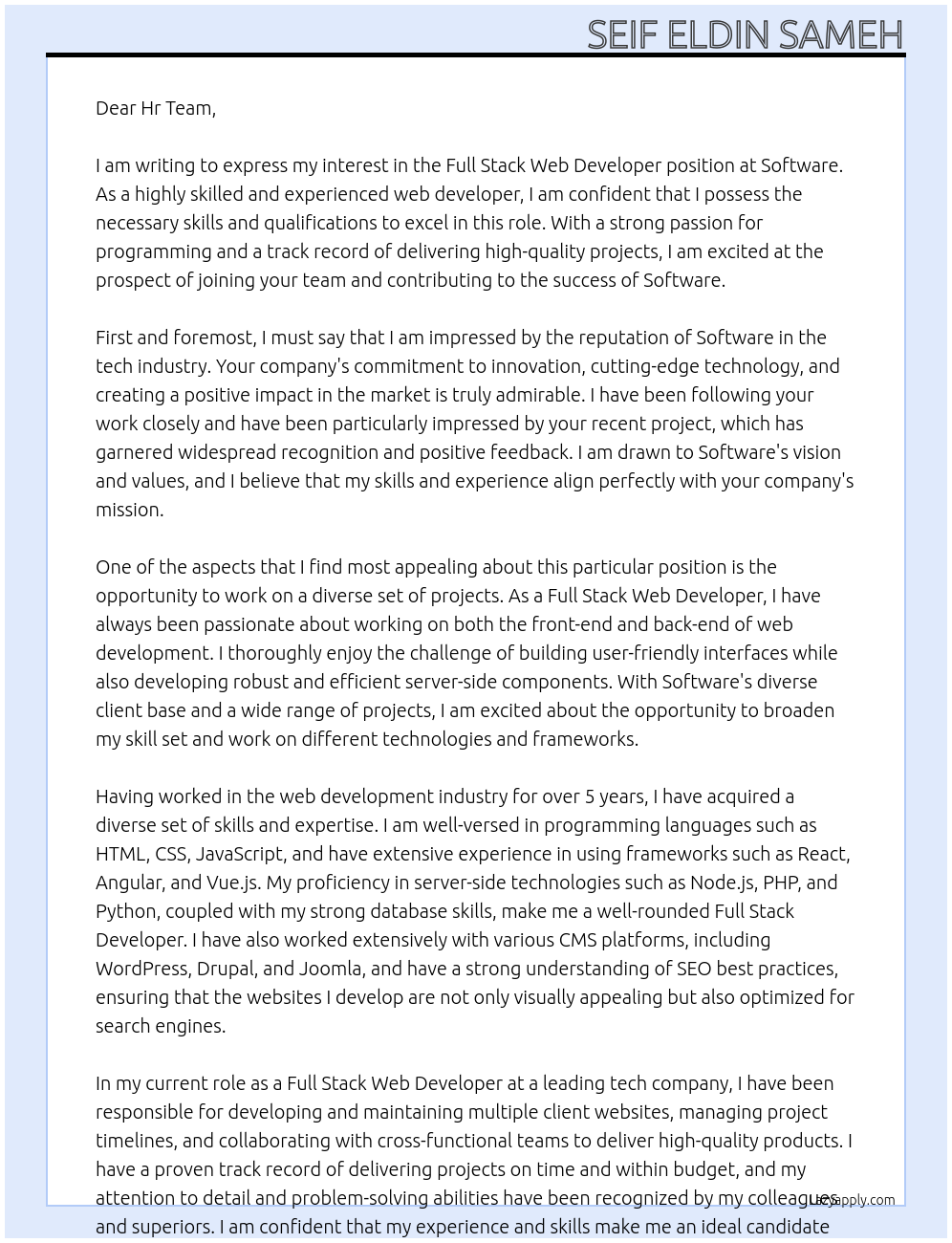 Full Stack Web Developer At Software Cover Letter