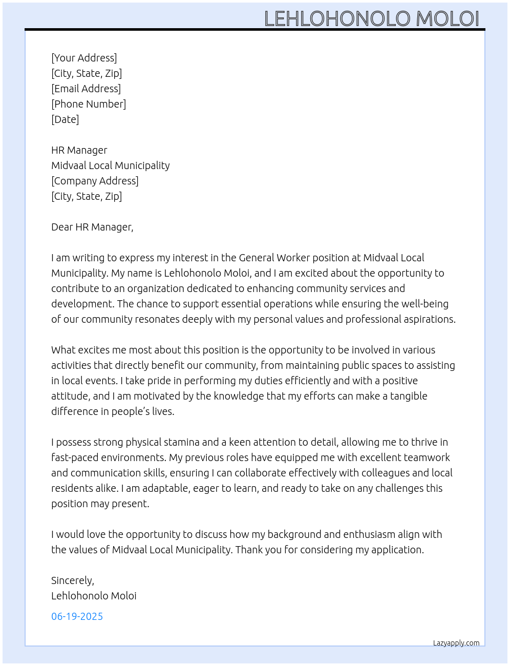 General worker At Midvaal local municipality Cover Letter