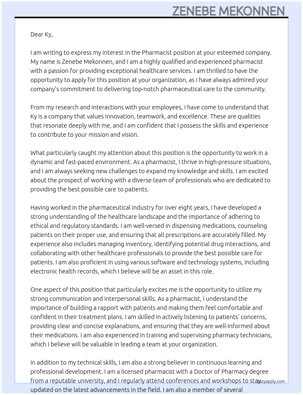 Pharmacist At Ky Cover Letter