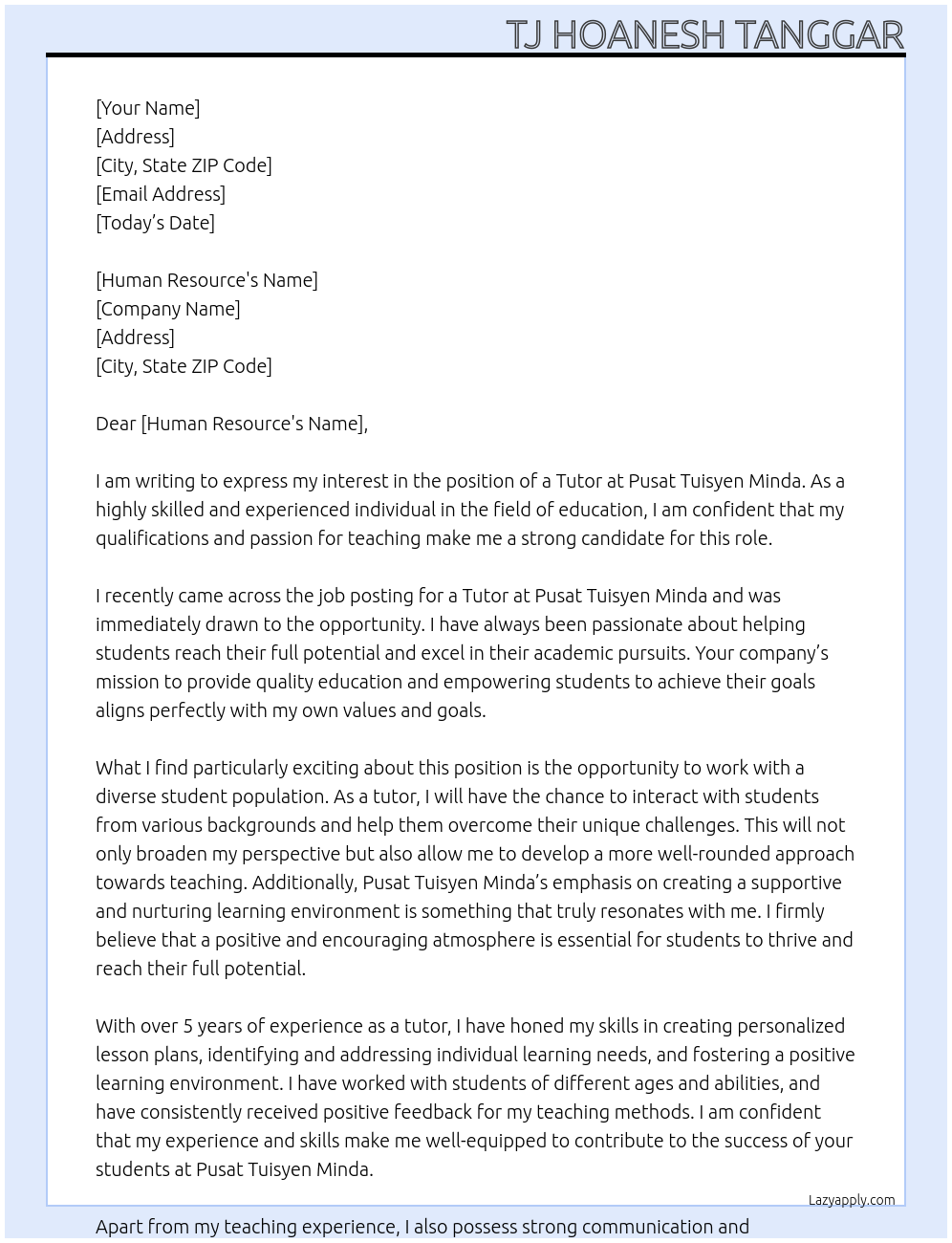 tutor At Pusat Tuisyen Minda Cover Letter