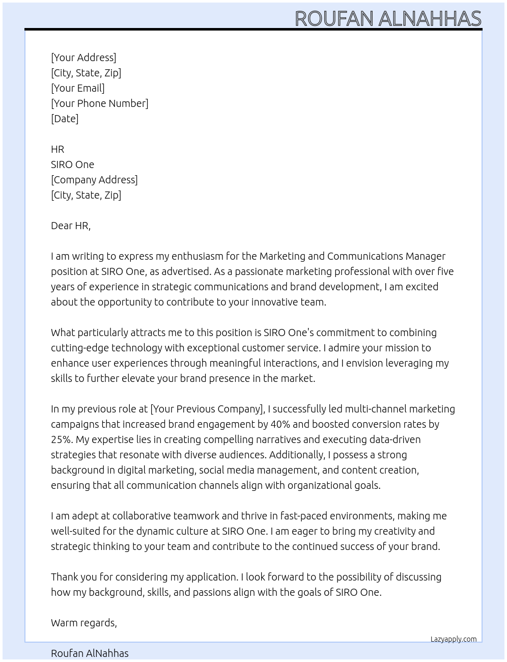 Marketing and Communications Manager  At SIRO One Cover Letter