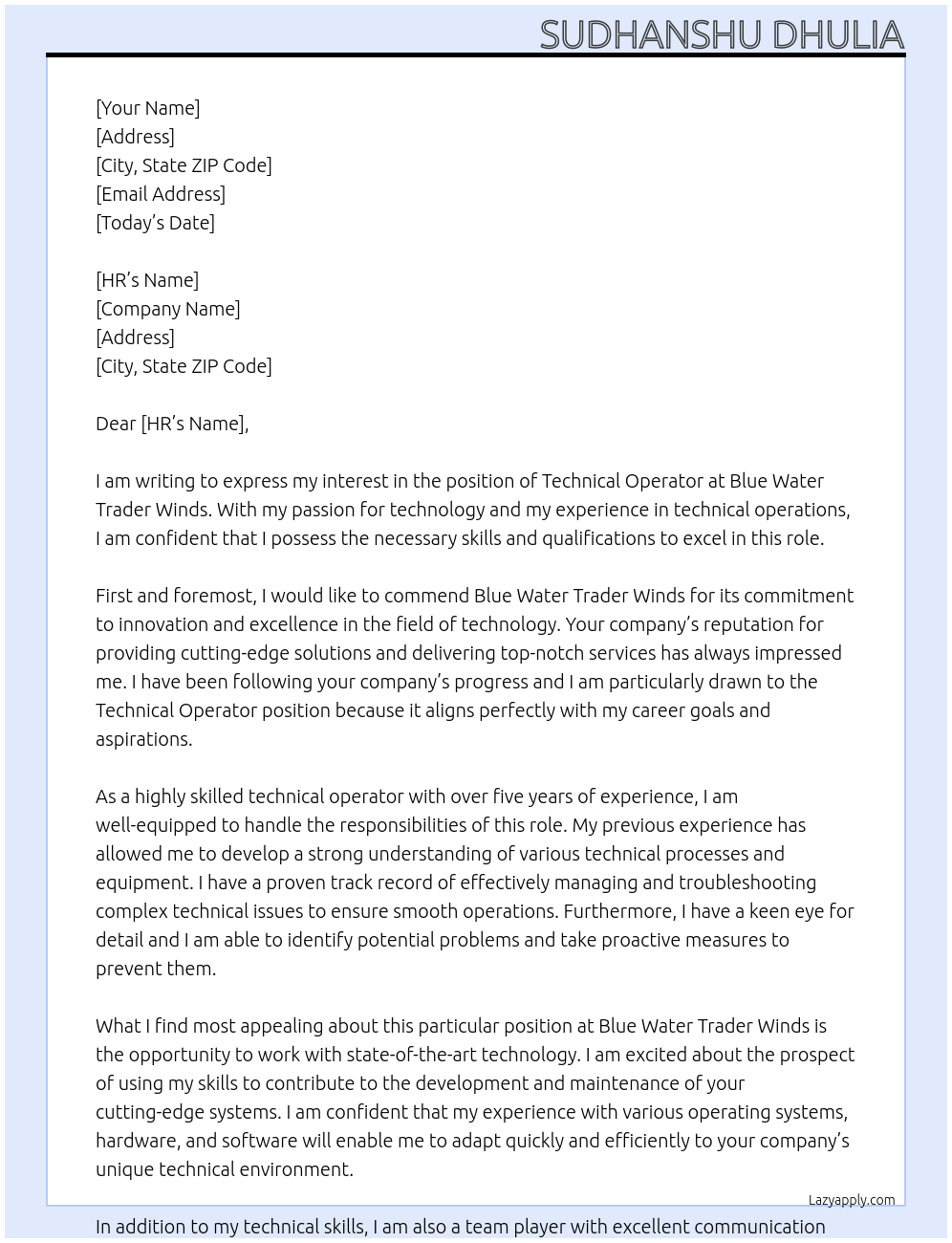 Technical Operator At Blue Water Trader Winds Cover Letter