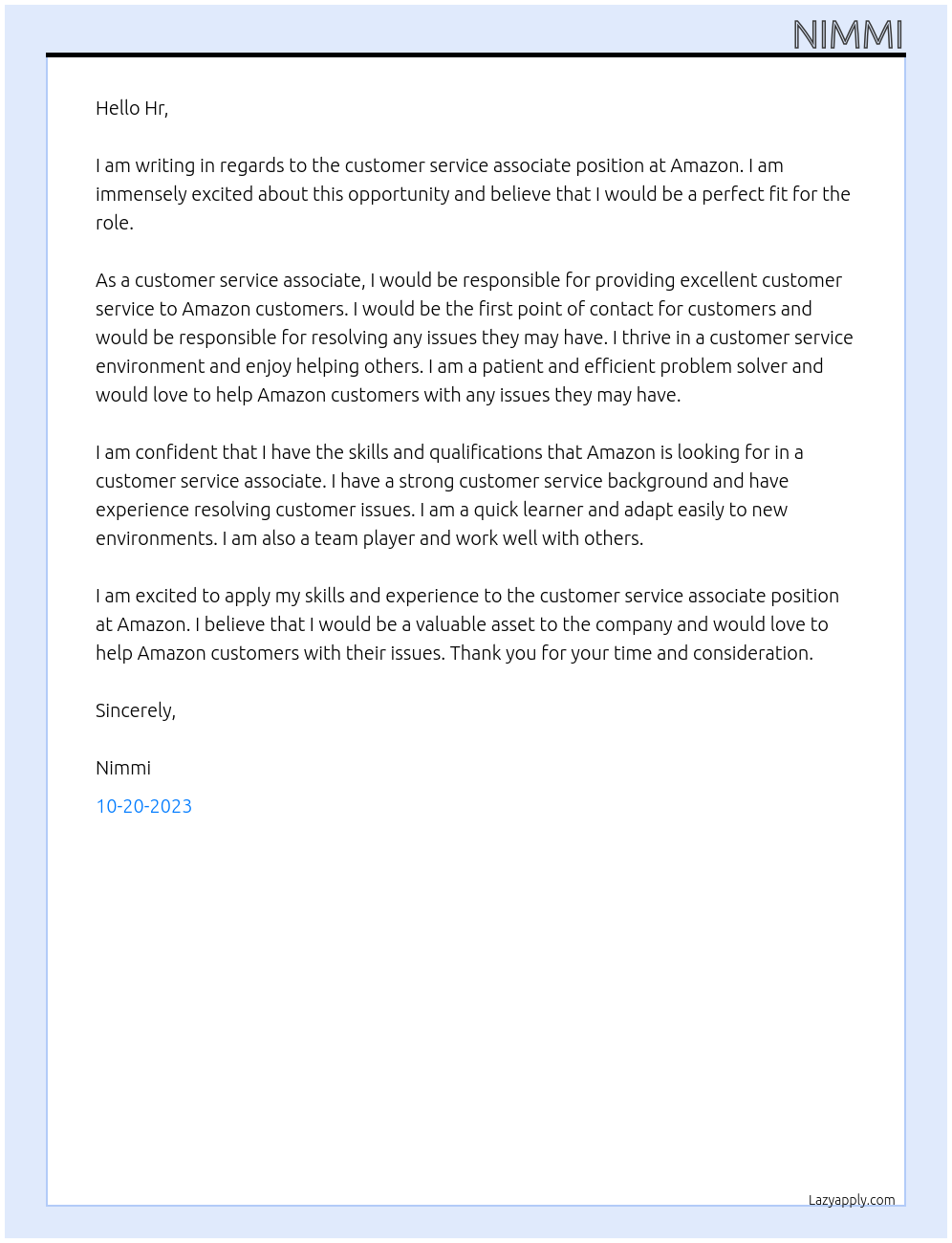 customer service associate At Amazon Cover Letter