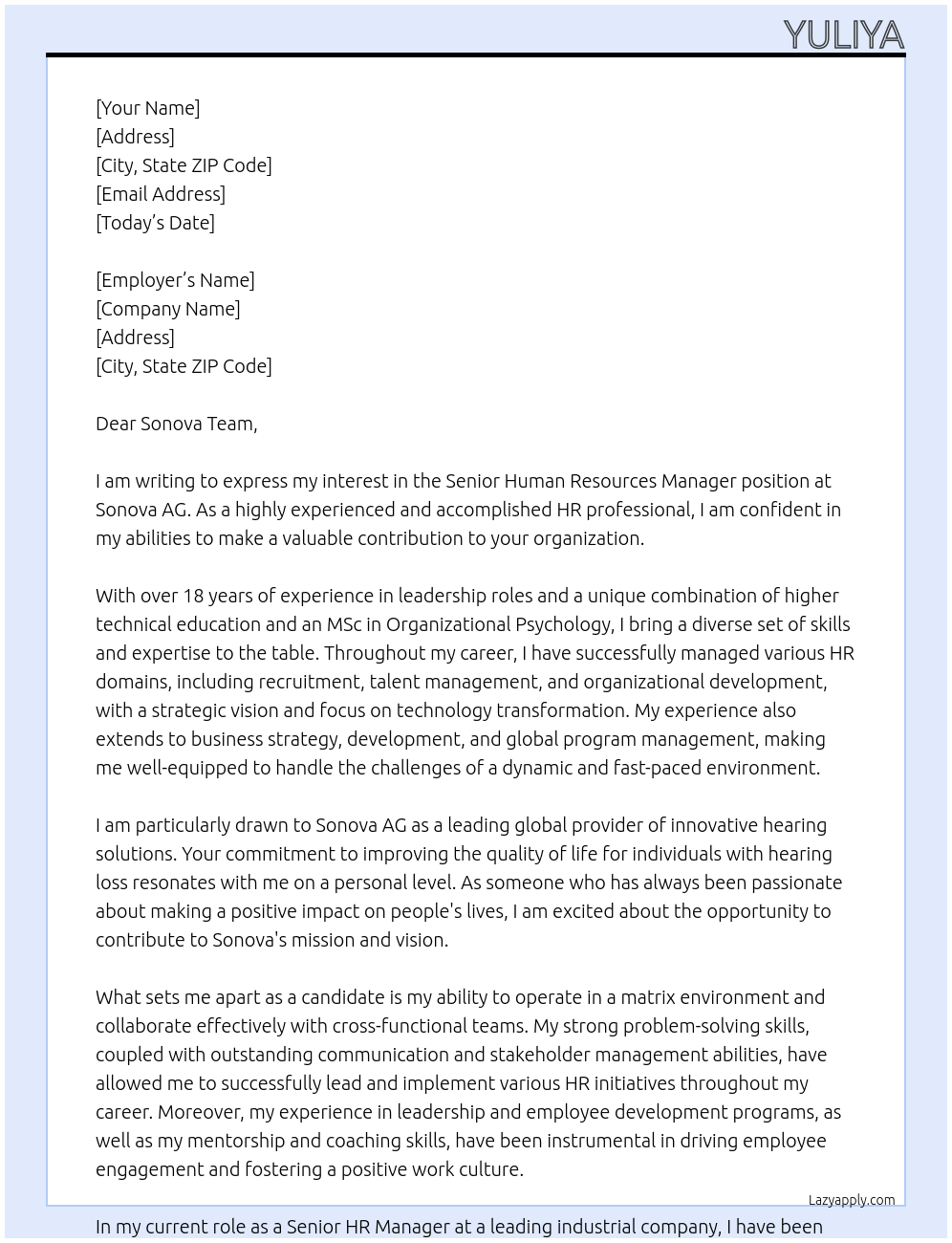 Senior Human Resources Manager At Sonova AG Cover Letter