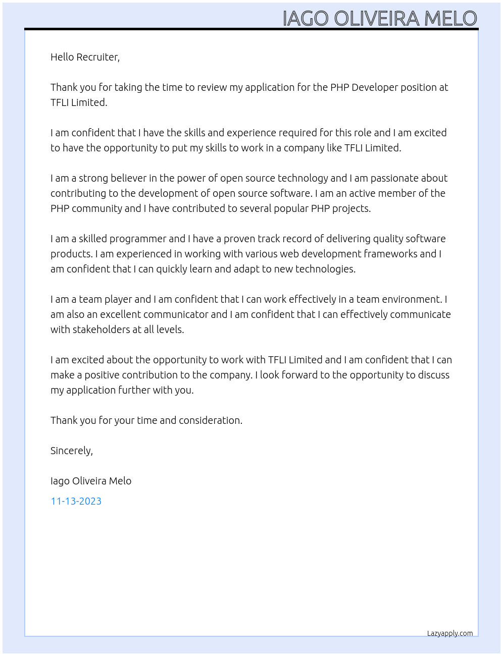 PHP Developer At TFLI Limited Cover Letter