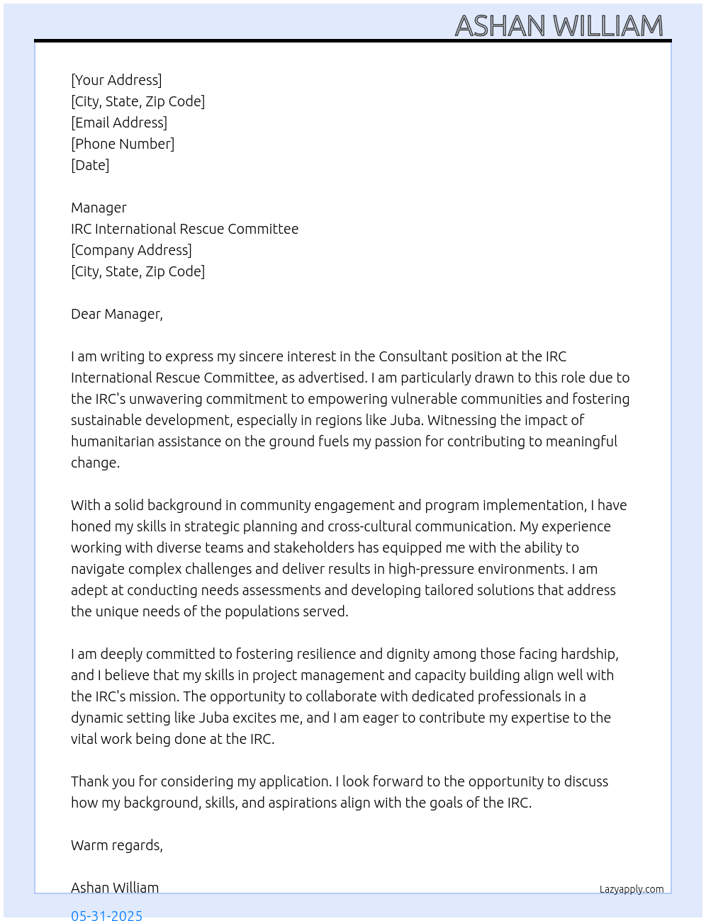 Consultant At IRC international Rescue Committee Cover Letter