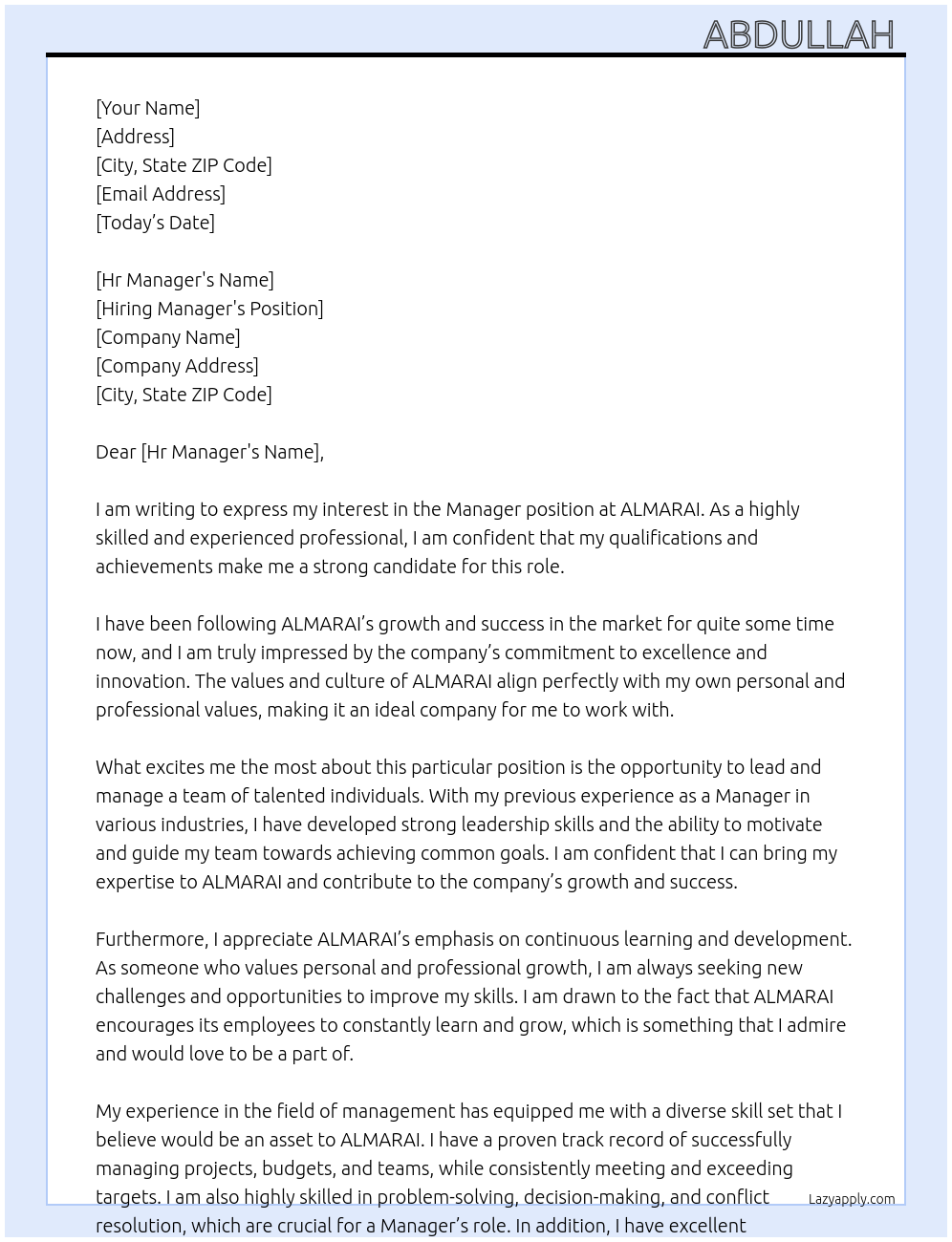 Manger  At ALMARAI Cover Letter