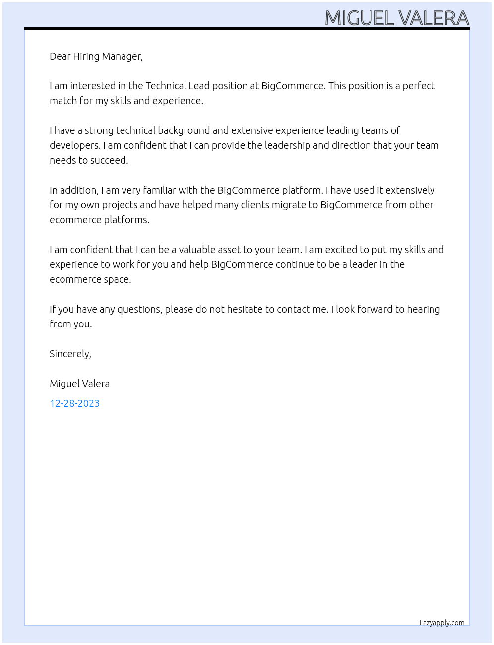 Technical Lead At BigCommerce Cover Letter