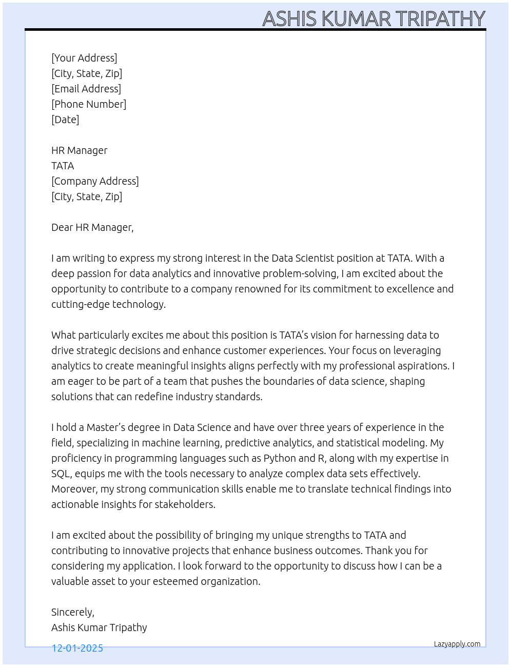 Cover letter for data scientist - LazyApply