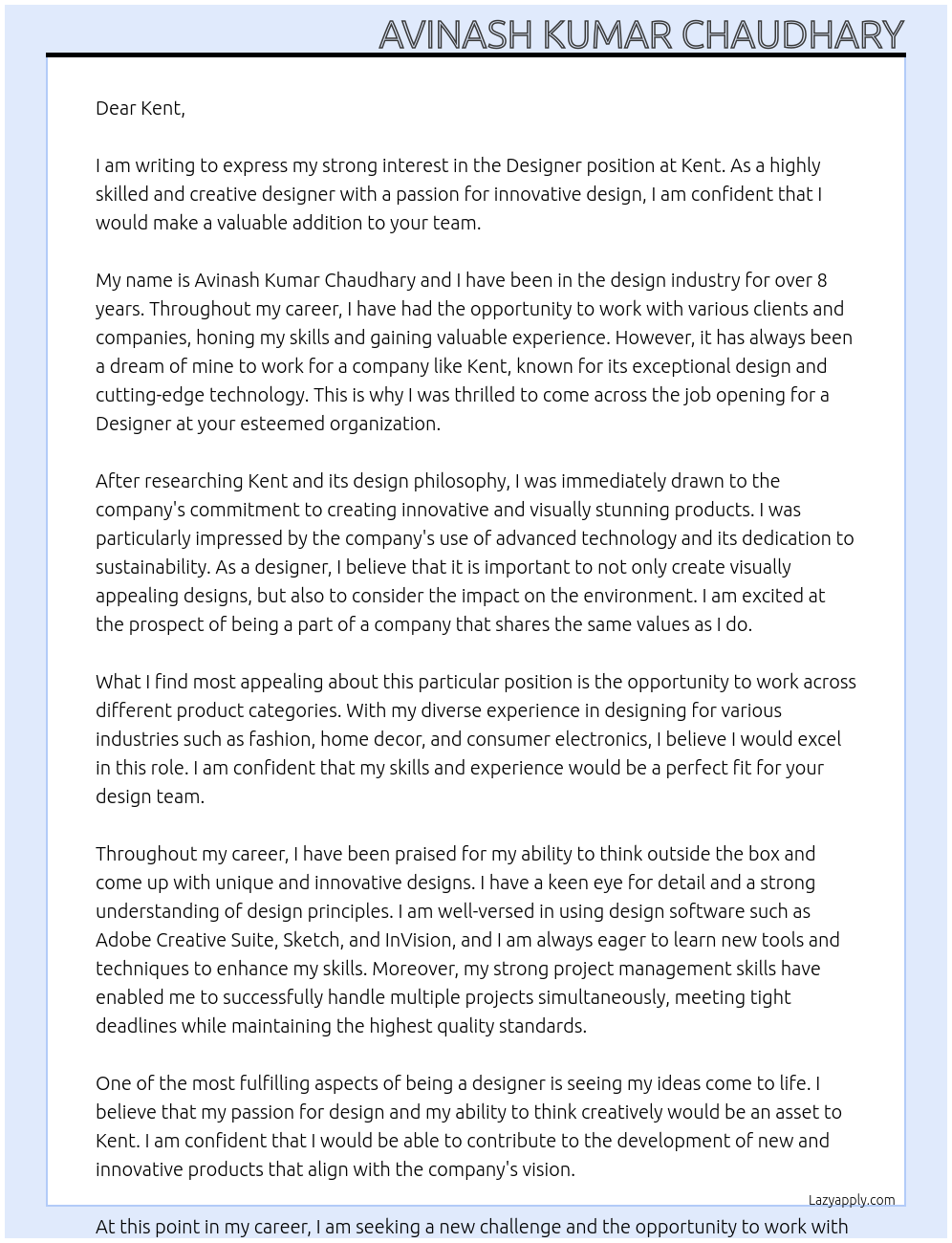 Designer At Kent Cover Letter