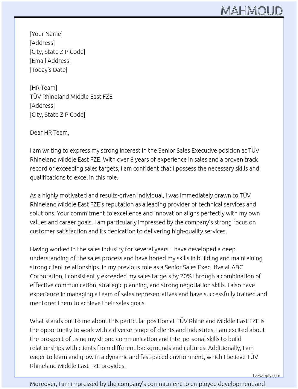 Senior Sales Executive At TÜV Rhineland Middle East FZE Cover Letter