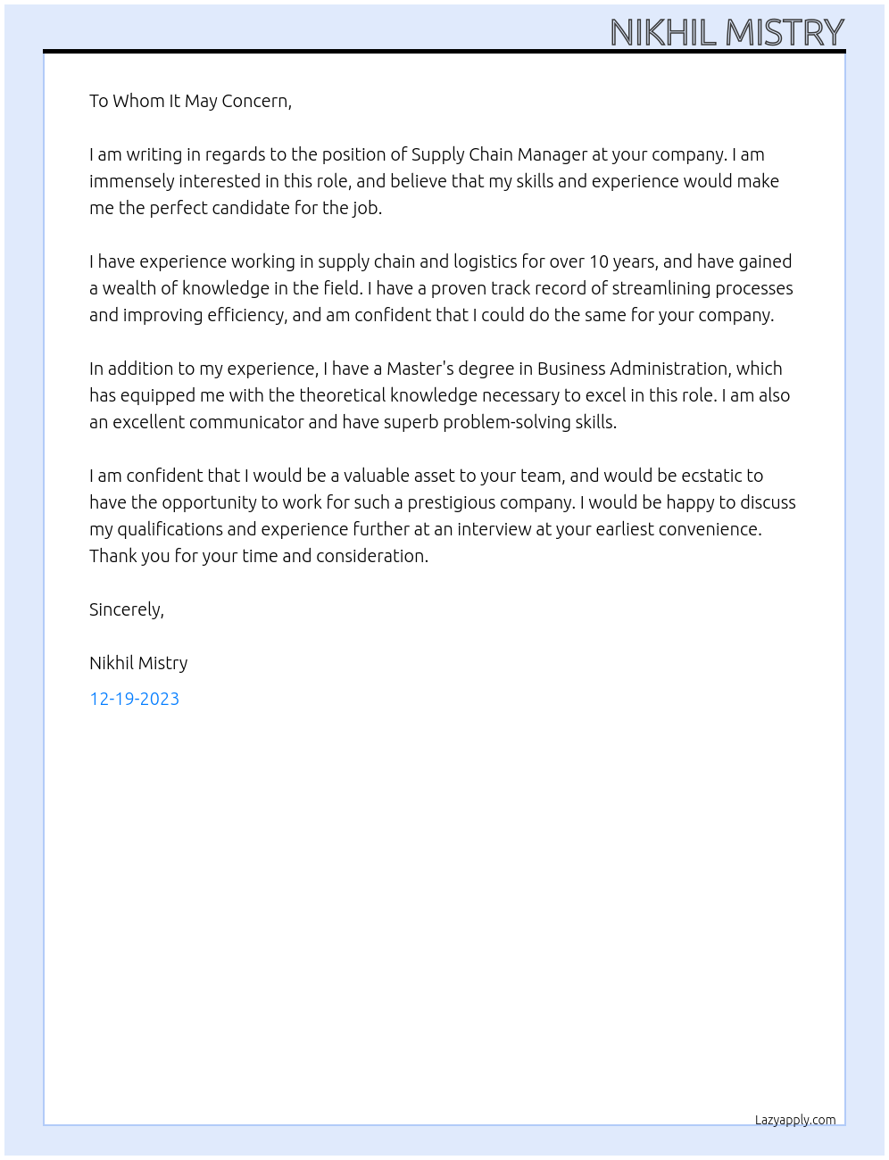 Supply Chain Manager At company in uae Cover Letter