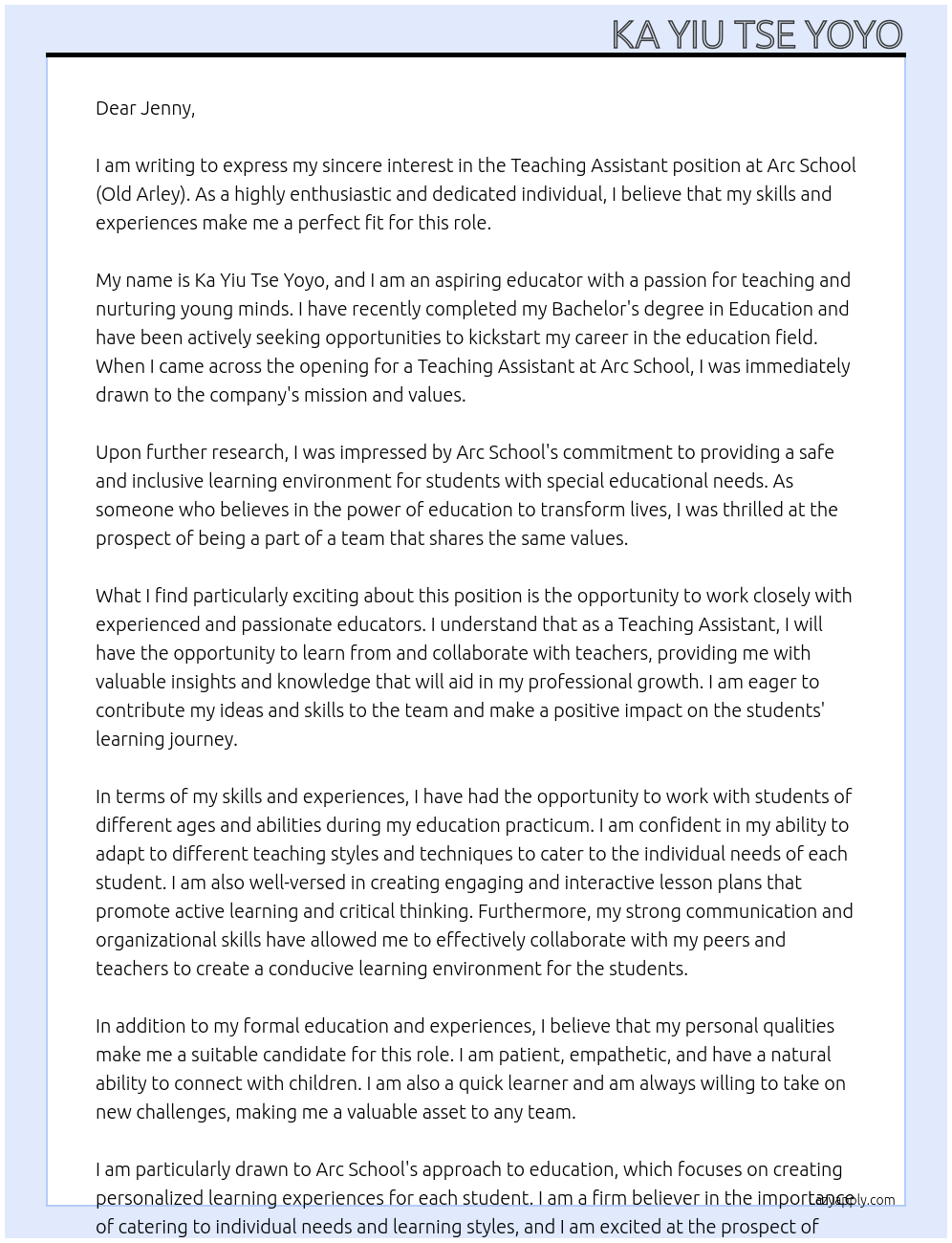 Teaching assistant At Arc School (Old Arley) Cover Letter