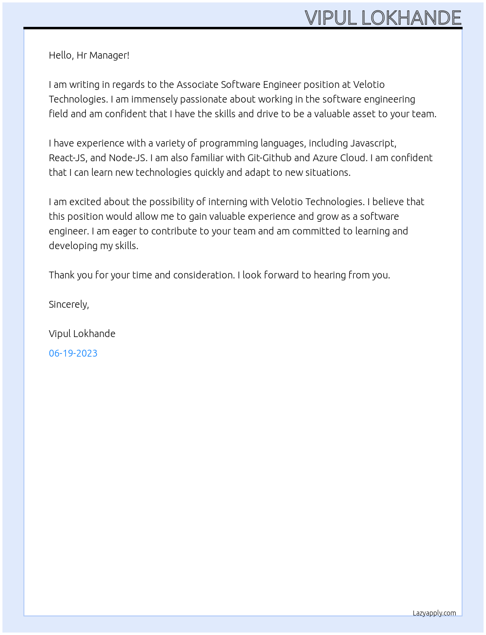 Associate Software Engineer At Velotio Technologies Cover Letter