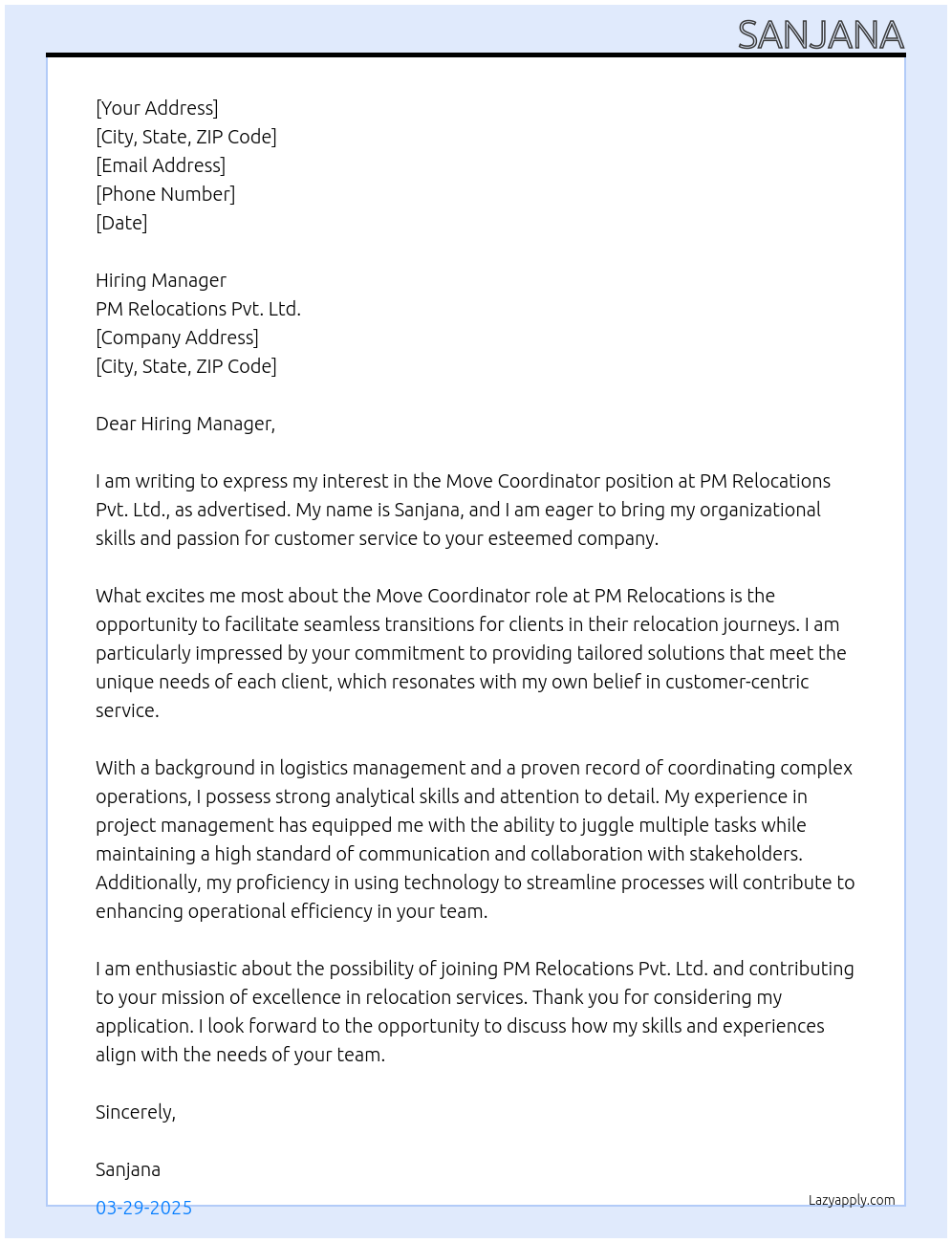 Cover letter for move coordinator - LazyApply