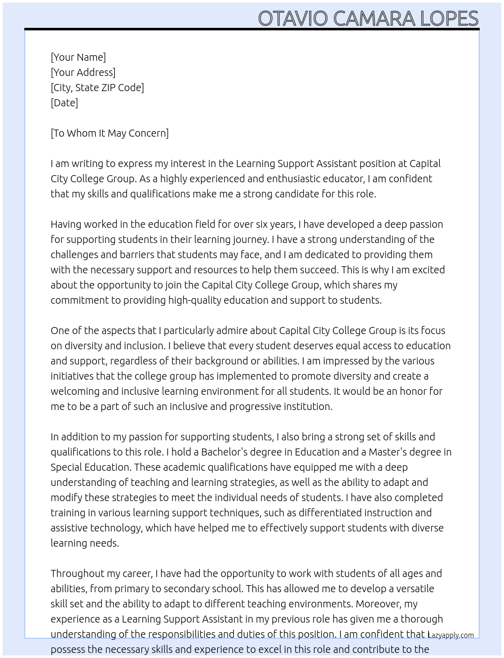 Learning Support Assistant At Capital City College Group Cover Letter