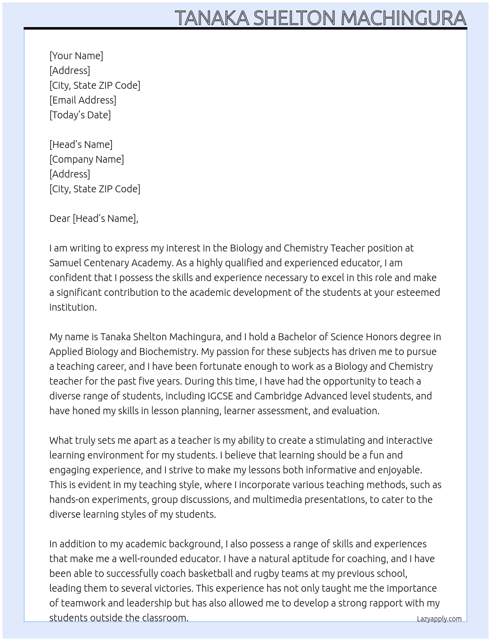Biology and chemistry teacher At SAMUEL CENTENARY ACADEMY Cover Letter