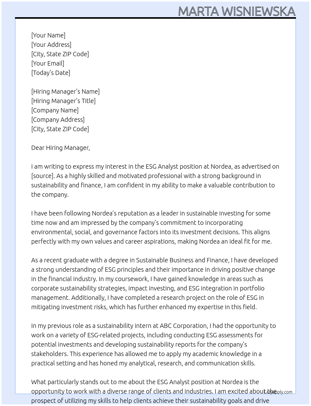 Cover letter for esg analyst - LazyApply