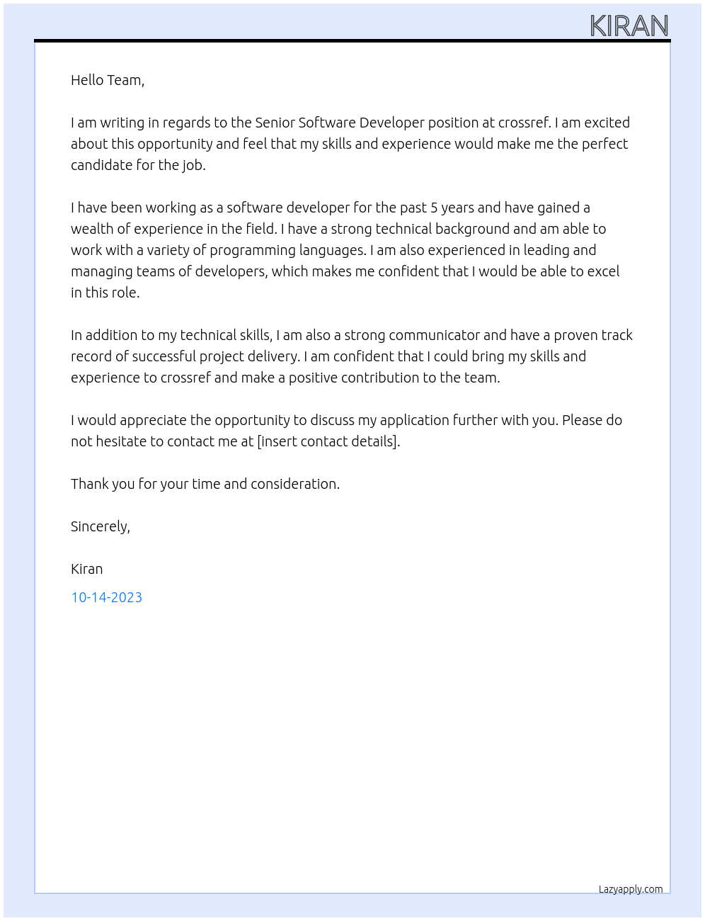 Senior Software Developer At crossref Cover Letter