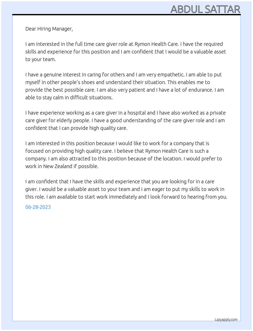 Care giver At rymon health care Cover Letter