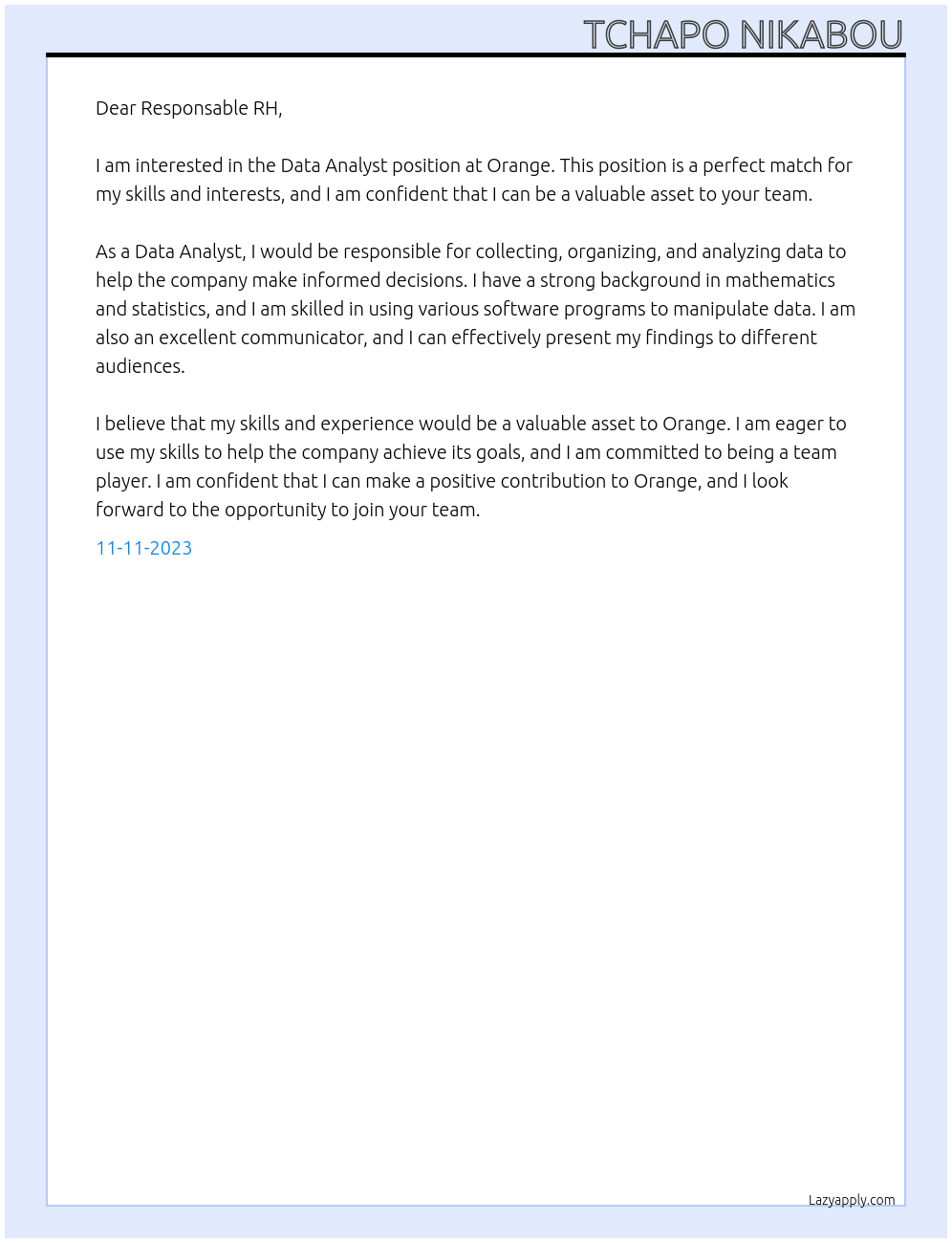 Data Analyst At orange Cover Letter