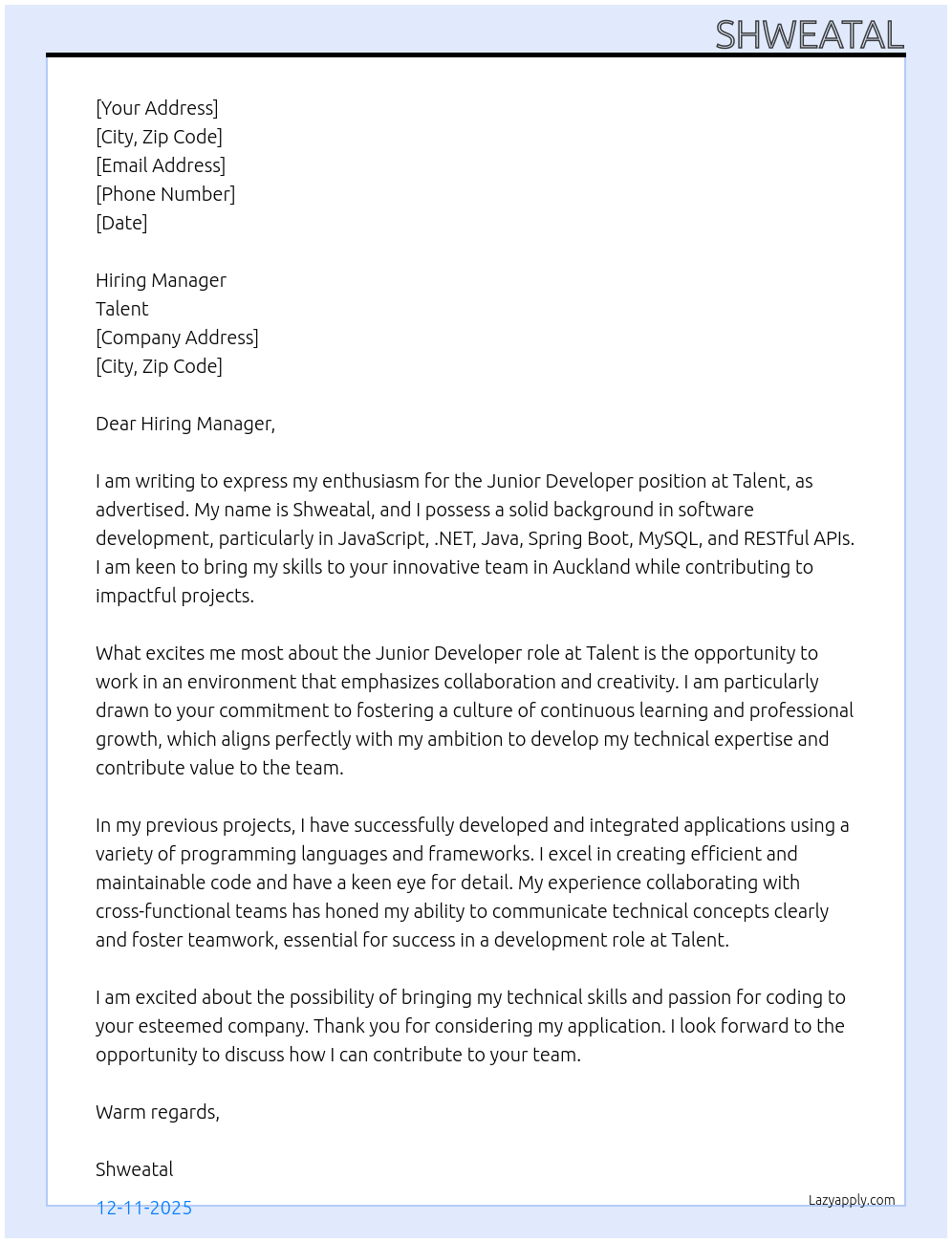 Cover letter for junior developer - LazyApply