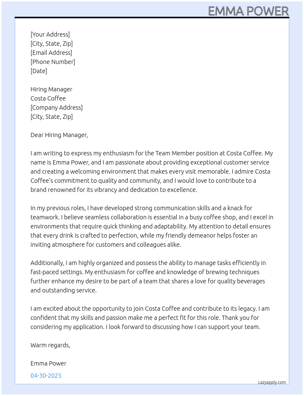 Team member At Costa Coffee Cover Letter